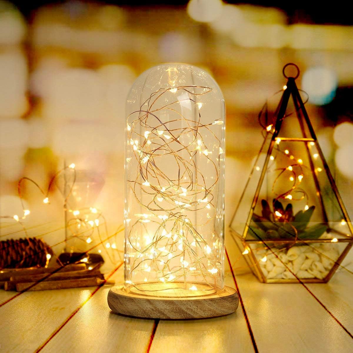 Detalle de BXROIU ESY-3DL-5M – łańcuch LED 2 × 50 diod, ciepła biel, srebrny drut