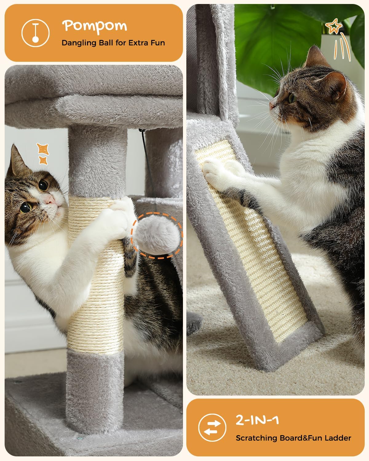 Detalle de PETEPELA Cat Tree 77cm with Dual Condos – Indoor Cat Tower with Removable Perch, Ramp and Scratching Posts (Grey)