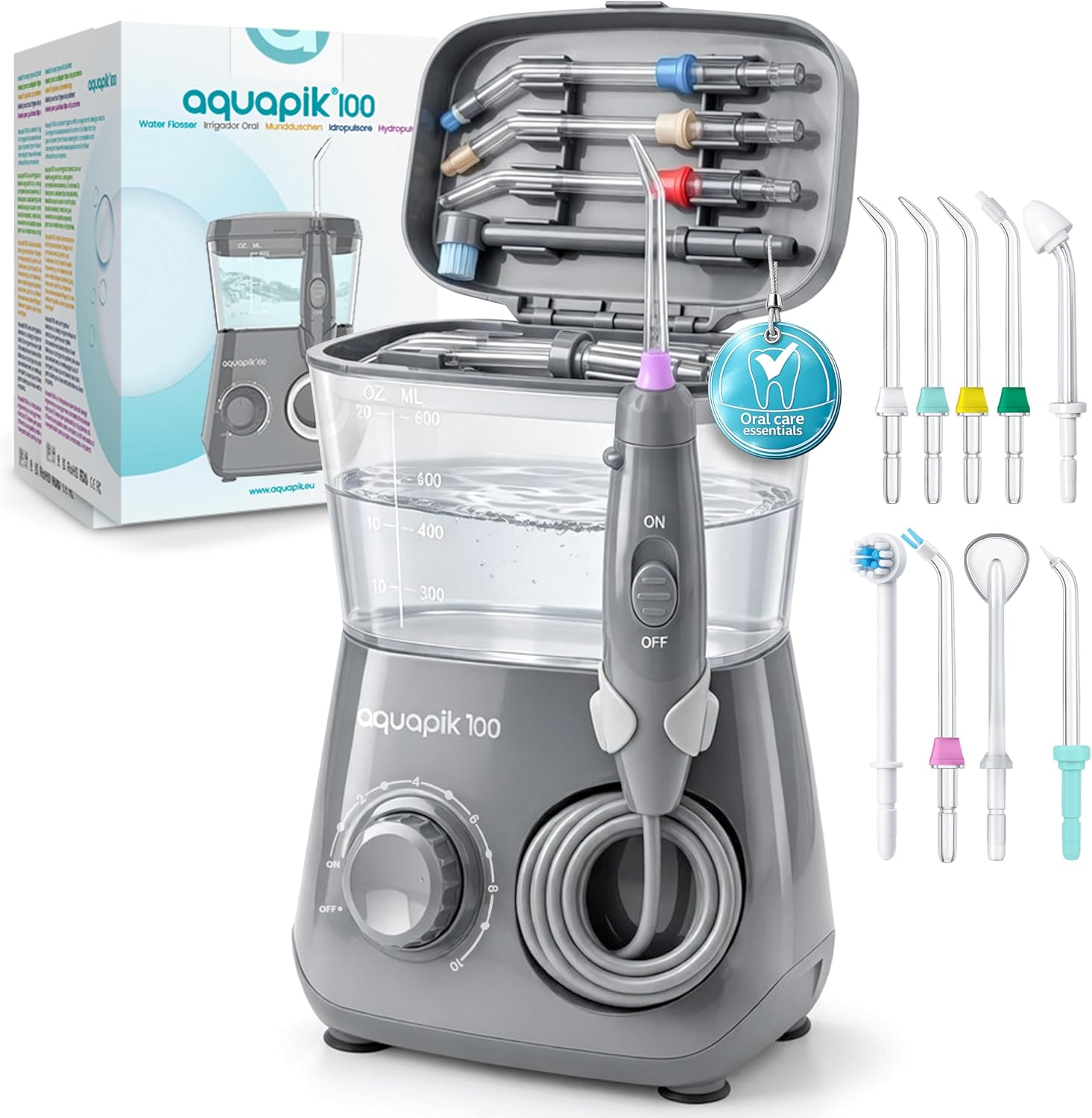 Detalle de Aquapik 100 professionelle Munddusche mit 600-ml-Wassertank, 10 Druckstufen und 8 Aufsätzen, Grau