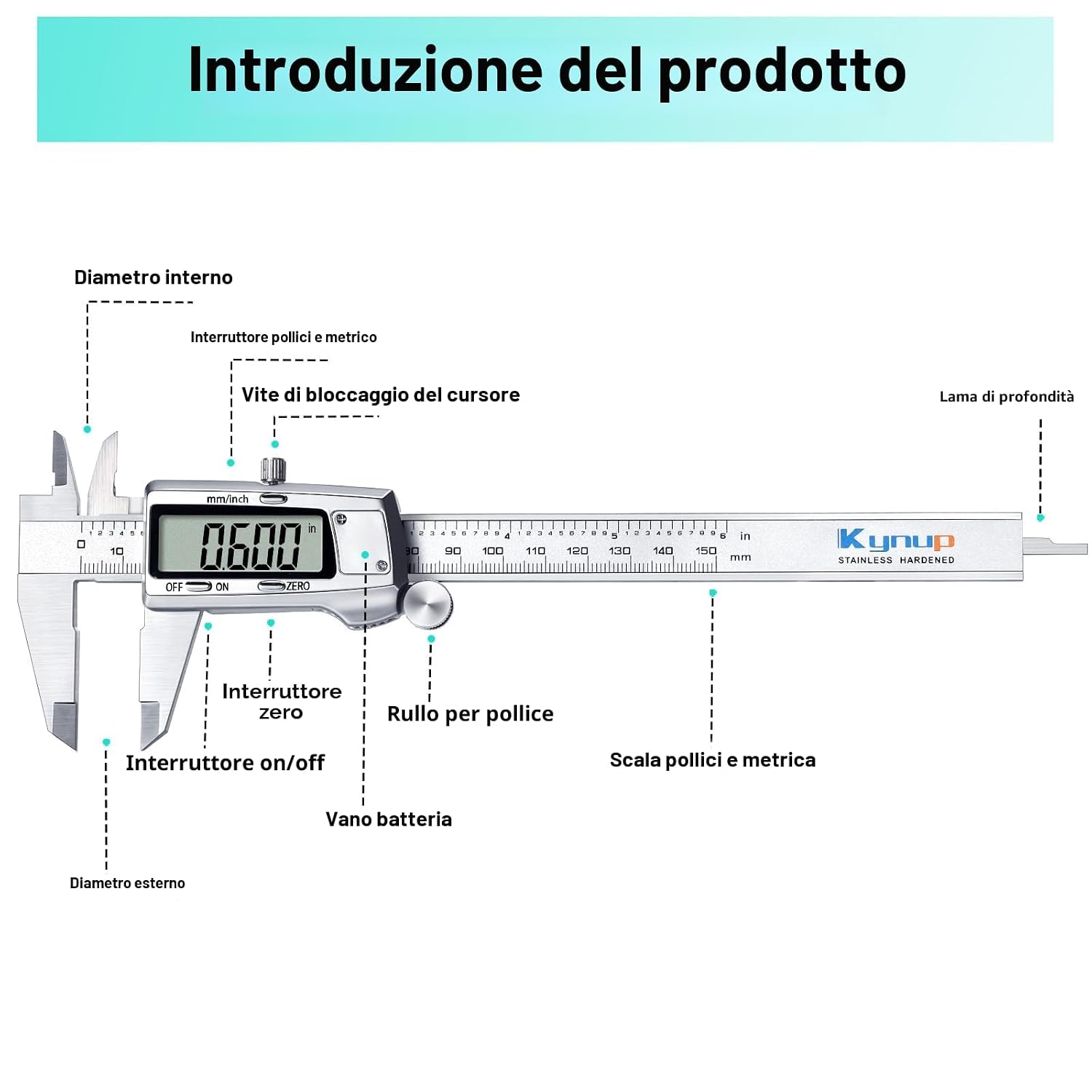 Thumbnail 4 de Kynup calibro digitale professionale 150 mm con display LCD grande (conversione mm/inch) in acciaio inox