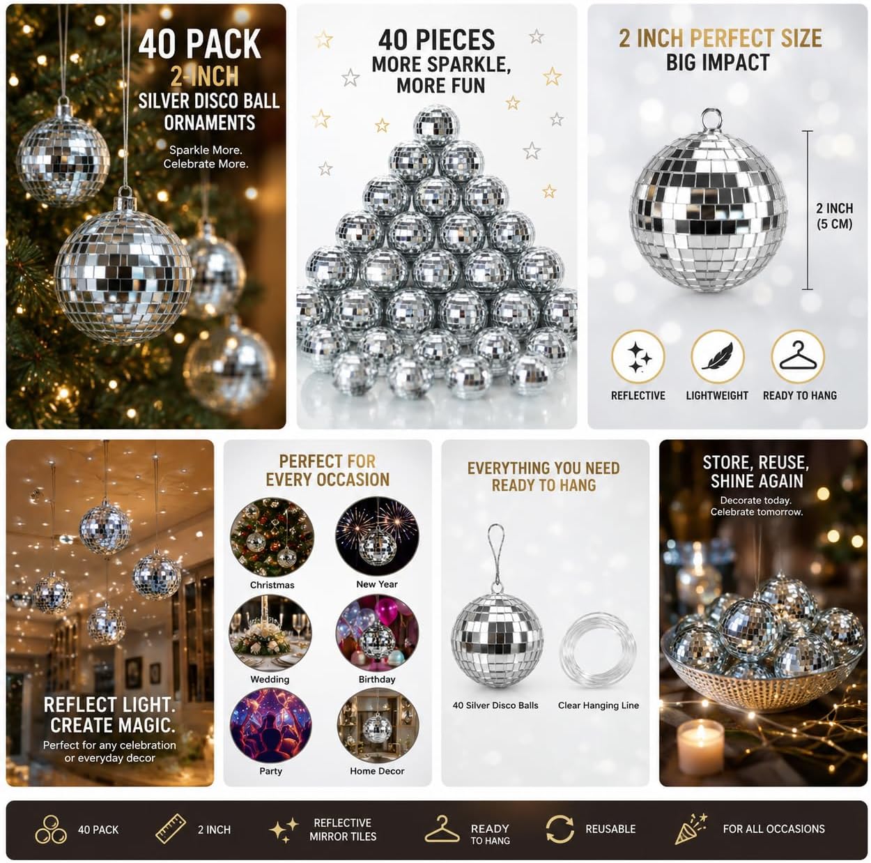 Detalle 2 de YD Youdepot 40-Pack 2-Inch Silver Mirror Disco Ball Ornaments