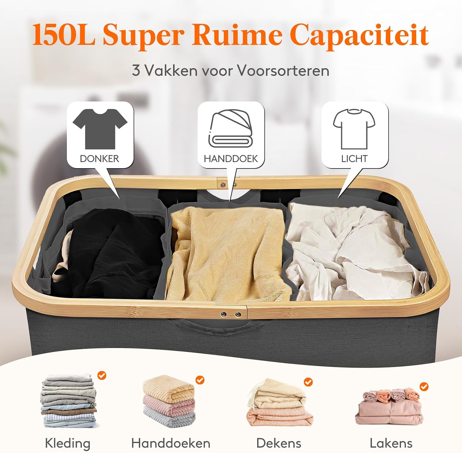 Detalle 2 de Lifewit 23156 wasmand 150 liter met 3 vakken, bamboe frame en deksel