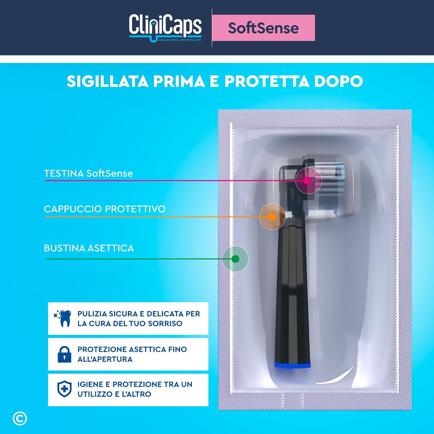 Thumbnail 1 de CliniCaps SoftSense: 4 testine morbide per spazzolino elettrico compatibile Oral-B, nere