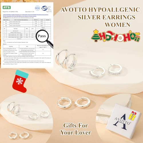 Thumbnail 4 de AVOTTO 3 Pairs Silver Earrings for Women – Hypoallergenic Sterling Silver Small Huggie Hoops