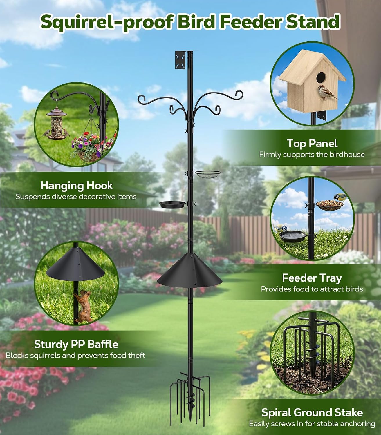 Detalle 2 de MoKo Outdoor Shepherd's Hooks Bird Feeder Pole, Adjustable 9-Prong Base