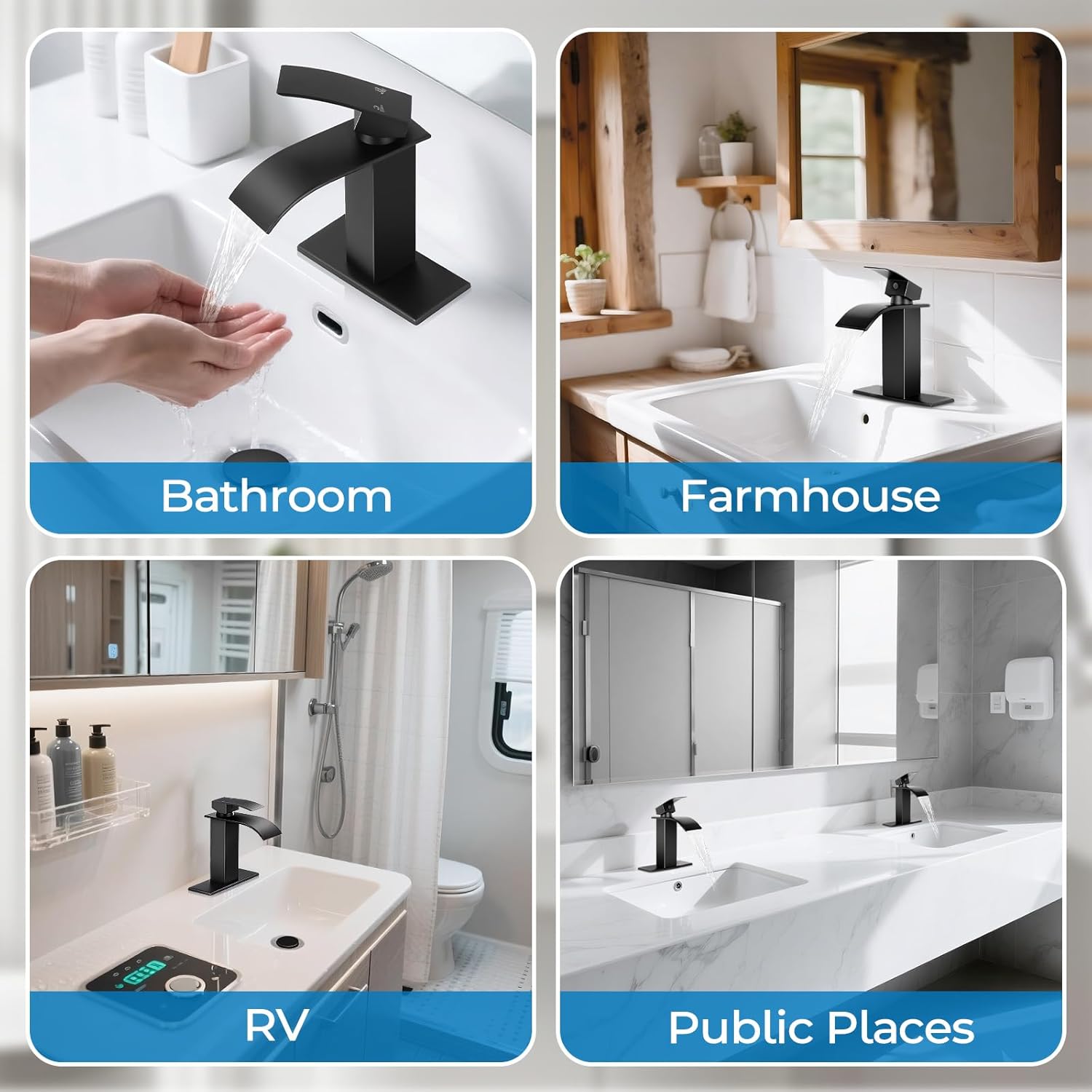 Thumbnail 6 de RNDIOZD Matte Black Waterfall Bathroom Faucet (Single-Handle) with Pop-Up Drain, Deck Plate & Hoses