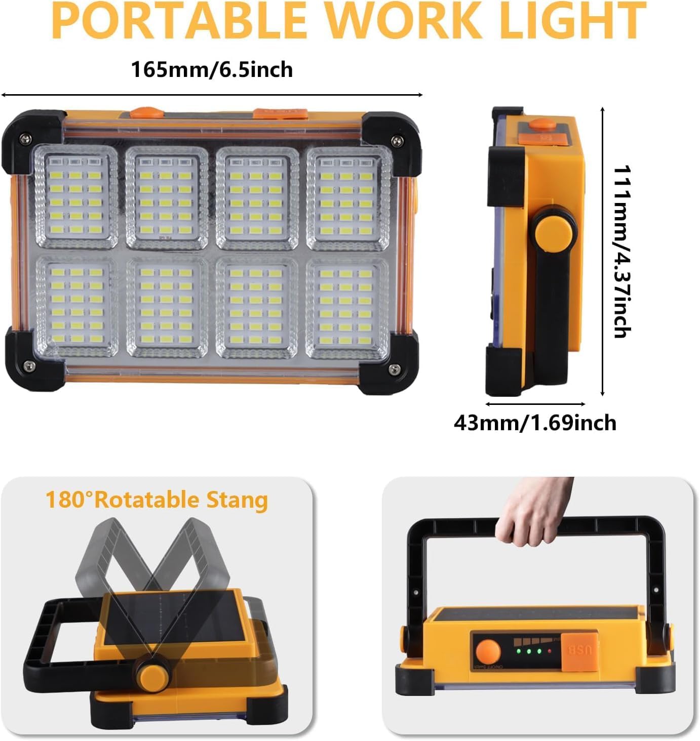 Detalle de YXQUA LP-246145-2 2-Pack Solar Work Lights, 144 LEDs, 10,000 Lumens, IP65