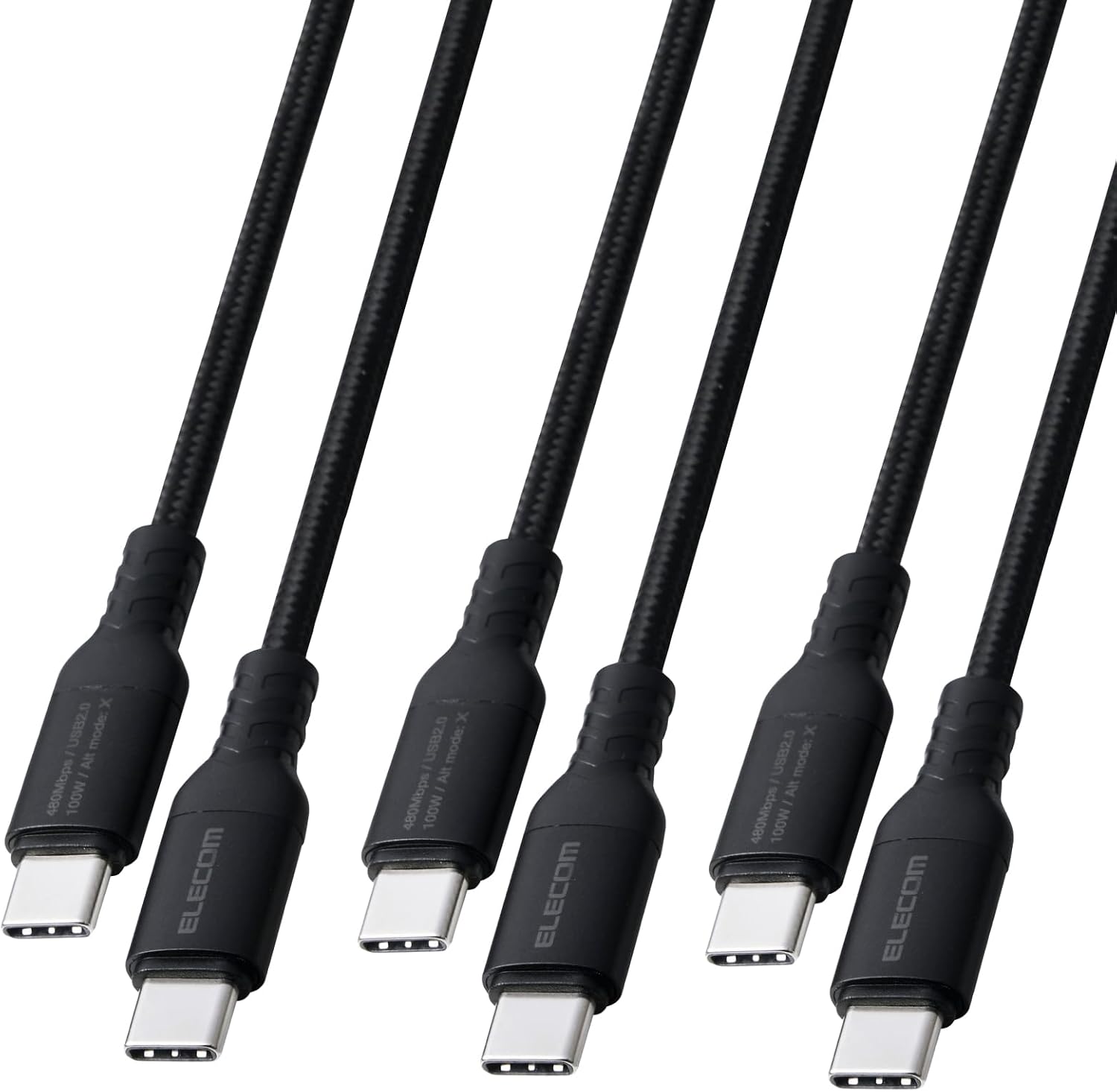 Detalle de エレコム MPA-CCEC5PSTHBK USB Type-Cケーブル 3本セット、100W PD対応・ナイロンメッシュ