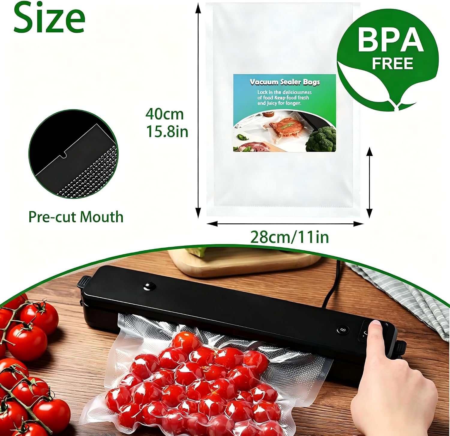 Detalle de huruirui H0J274-T Vacuum Sealer Bags, 28 x 40 cm, 200 µm PE