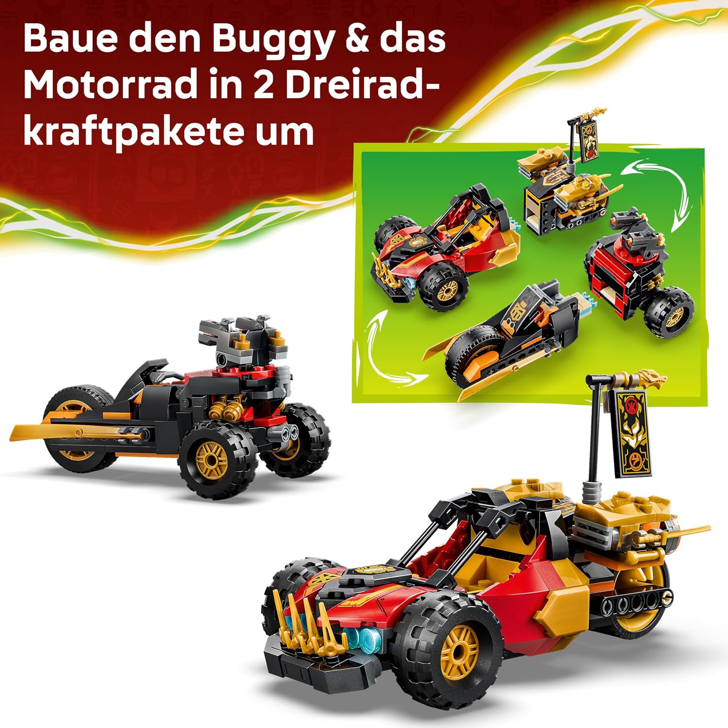 Detalle de LEGO NINJAGO Kais und Coles Kombi-Flitzer (71864) – Ninja Spielset mit zwei Fahrzeugen, drei Minifiguren inkl. Kai & Cole