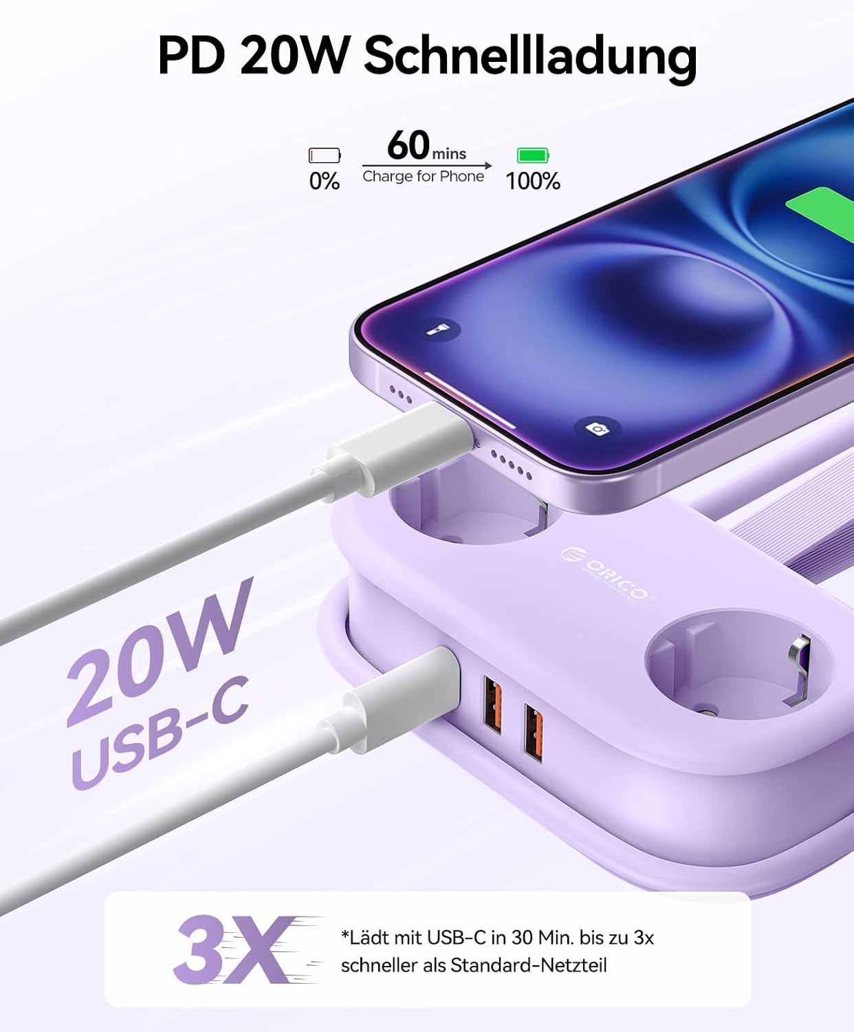 Thumbnail 2 de ORICO Steckdosenleiste mit USB‑C PD 20W (AP3-Lila) – 2 Steckdosen + 3 USB, 1,5 m Kabel