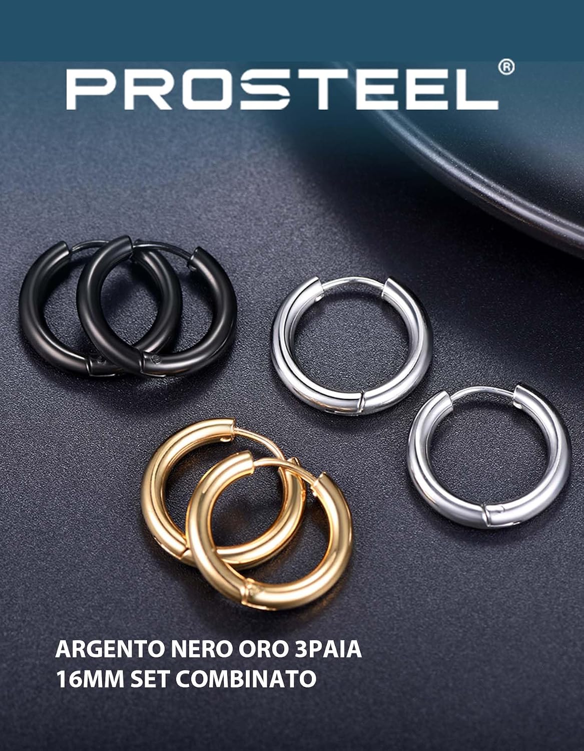 Detalle de Set di orecchini a cerchio PROSTEEL in acciaio 316L placcato oro e nero (3 o 4 pezzi)