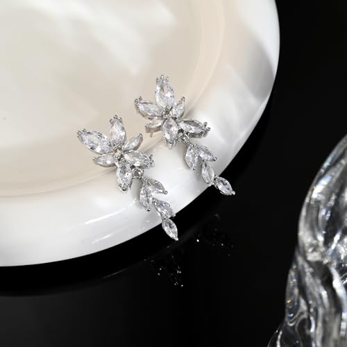Thumbnail 5 de Aliyoham Bridal Wedding Earrings for Women – Silver Plated Cubic Zirconia Floral Drop Dangle Jewellery
