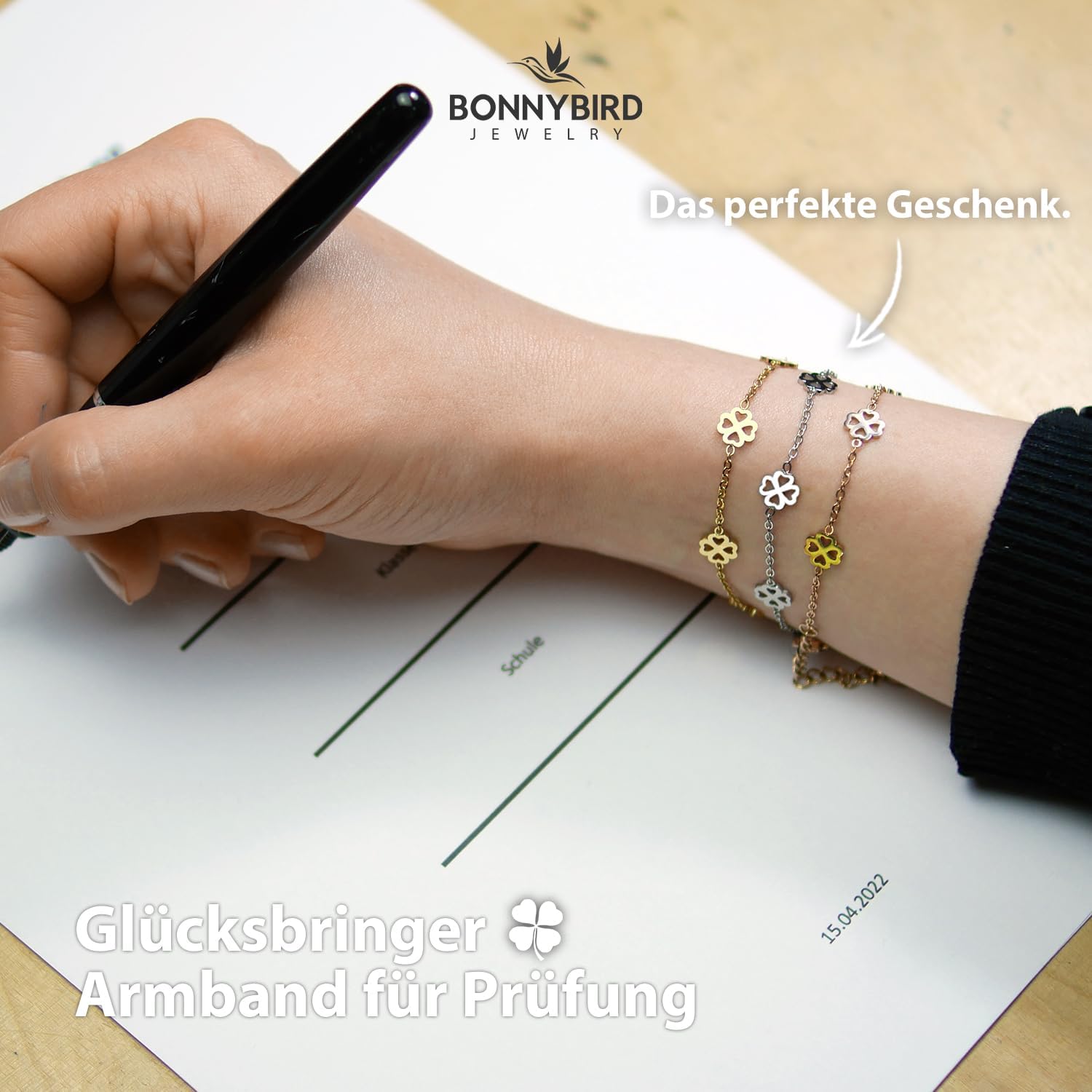Detalle de BONNYBIRD BonnyBliss Kleeblatt Edelstahl Armband als Glücksbringer zur Prüfung – verstellbar 16–19 cm