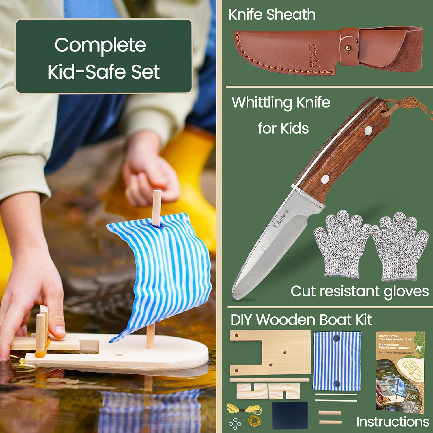 Detalle de Kibbidea Schnitzmesser für Kinder (ab 8 Jahren) – Edelstahl, sicheres Taschenmesser-Set mit Lindenholz & Zubehör