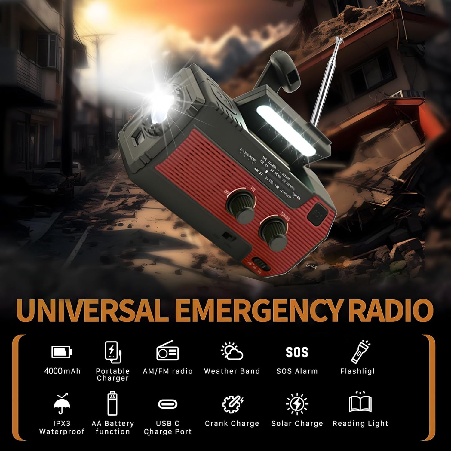 Detalle 2 de SOLARBABY Wind Up Solar Emergency Radio 4000 mAh 🔊