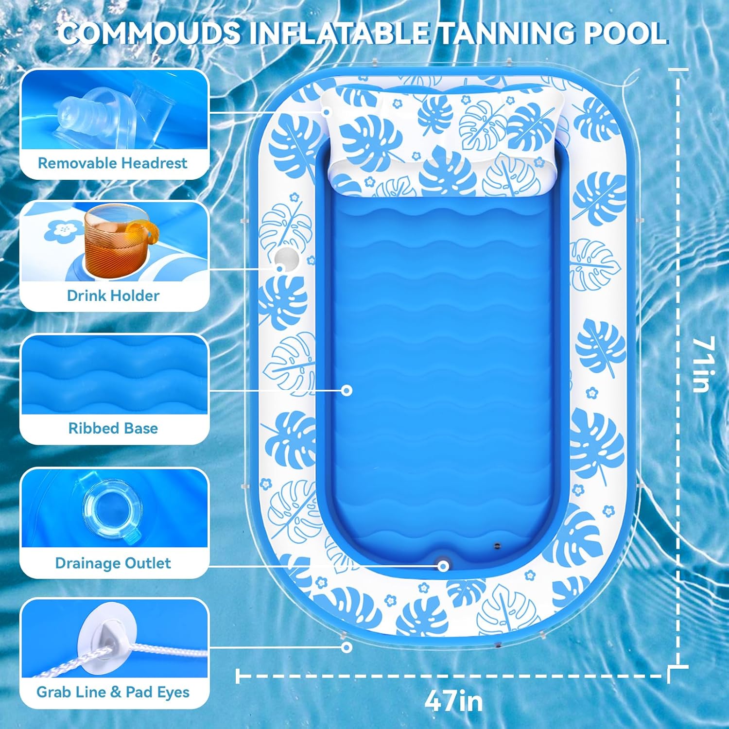 Thumbnail 3 de Inflatable Tanning Pool Lounger Float with Detachable Cervical Pillow (Pool Floats for Adults & Kids)