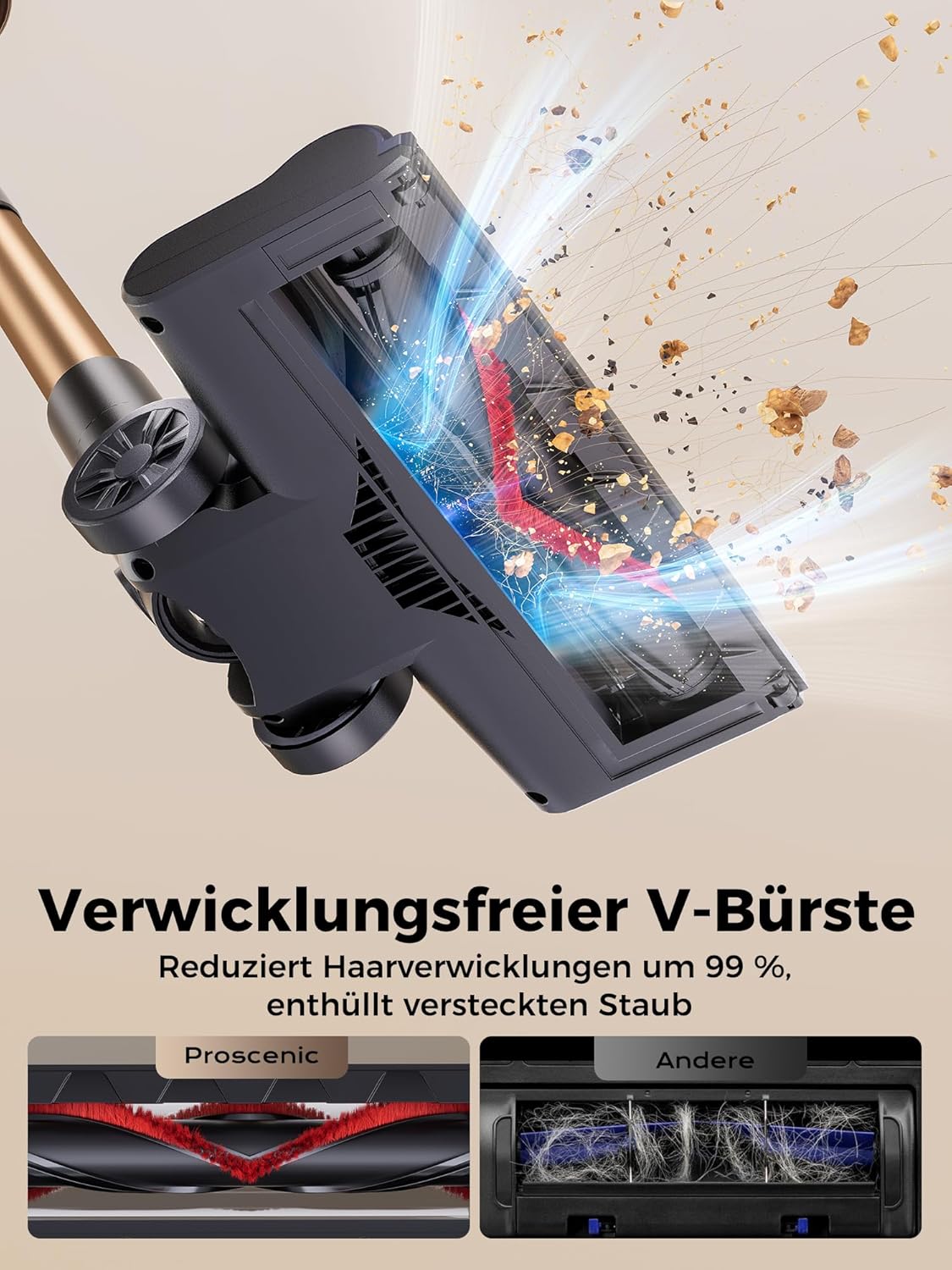 Detalle de Proscenic P11 Ultra: Kabelloser Staubsauger mit Laser-Spotting und Anti-Tangle Bürste