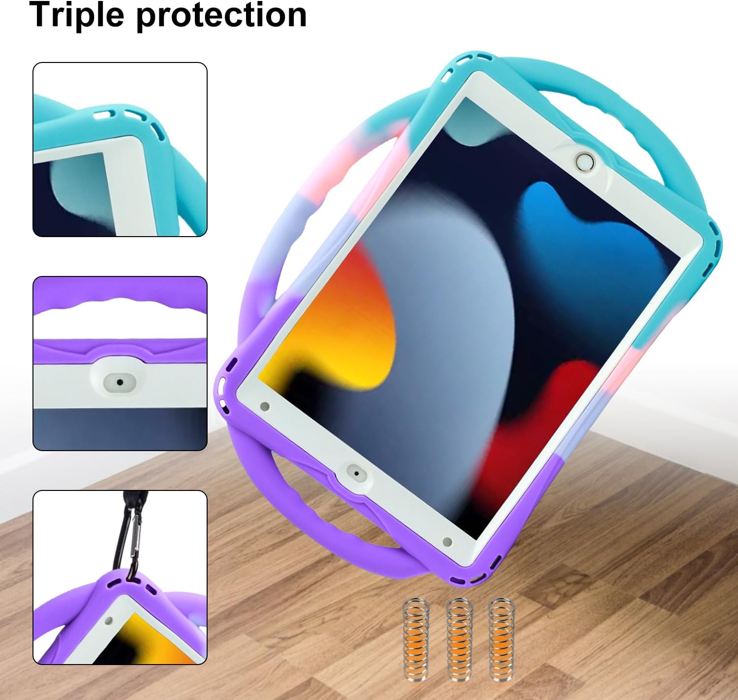 Detalle de TOPESCT Custodia per bambini per iPad 10,2" (9a/8a/7a gen.) in silicone con protezione schermo integrata, manico e cinghia