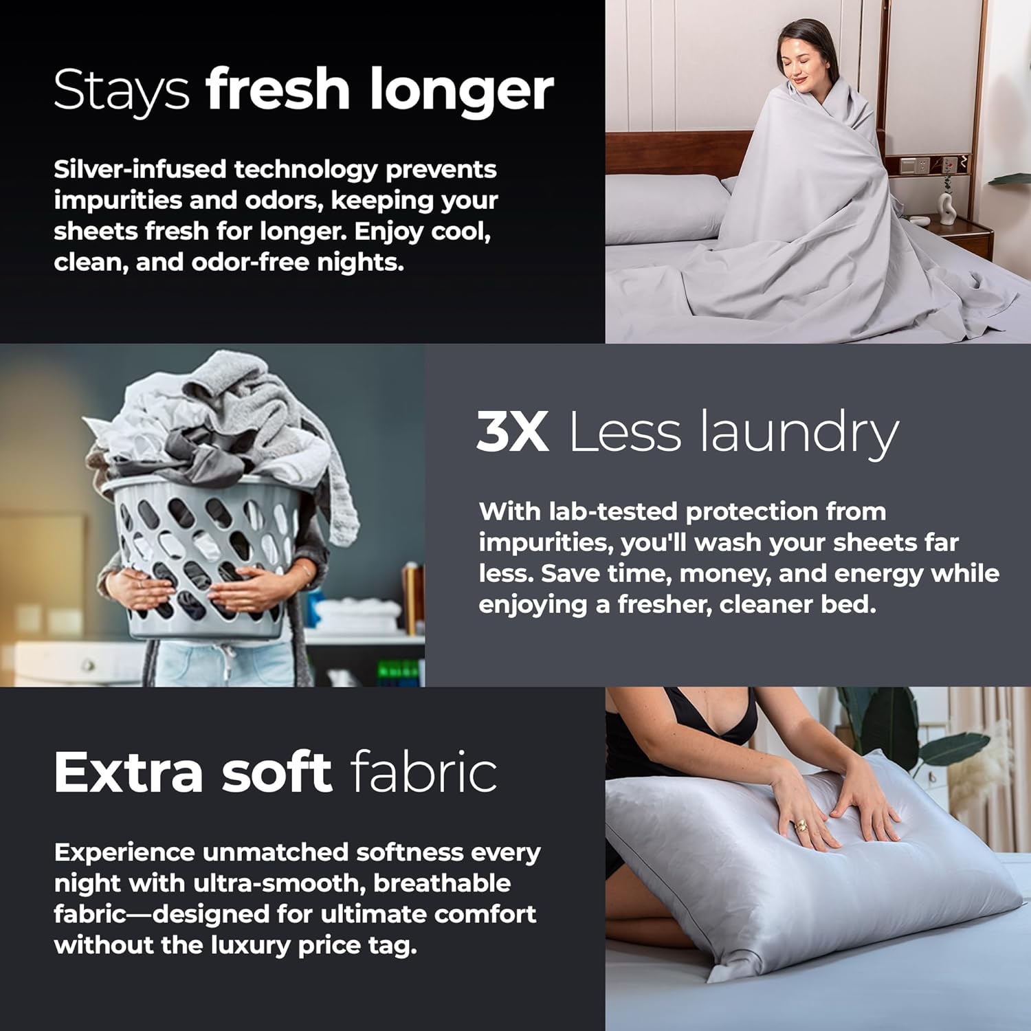 Thumbnail 2 de Silvery Silver Infused Bed Sheets Set, 3X Fresh