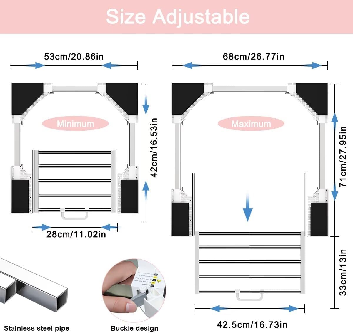 Thumbnail 1 de NIUXX Zwischenbaurahmen mit Wäscheleine – universal für Waschmaschine & Trockner, einziehbarer Handtuchhalter (53–68 cm)