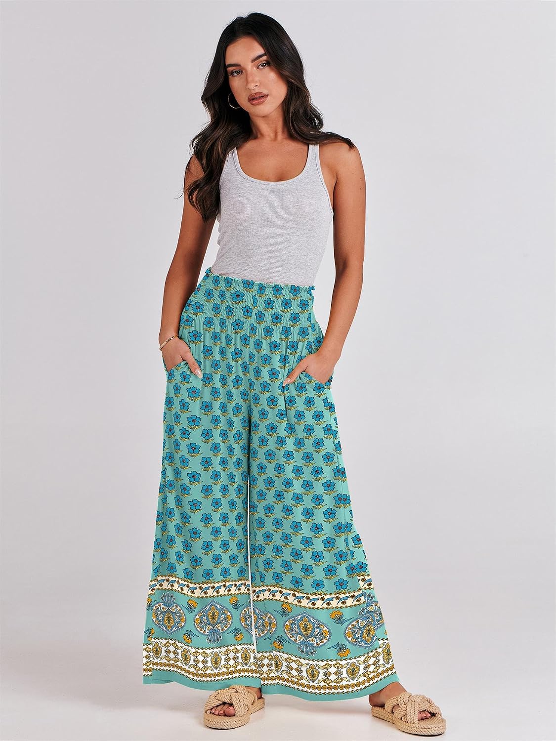 Thumbnail 6 de ANRABESS Women Palazzo Pants Summer Boho Bagyy Wide Leg High Smocked Waist with Pockets