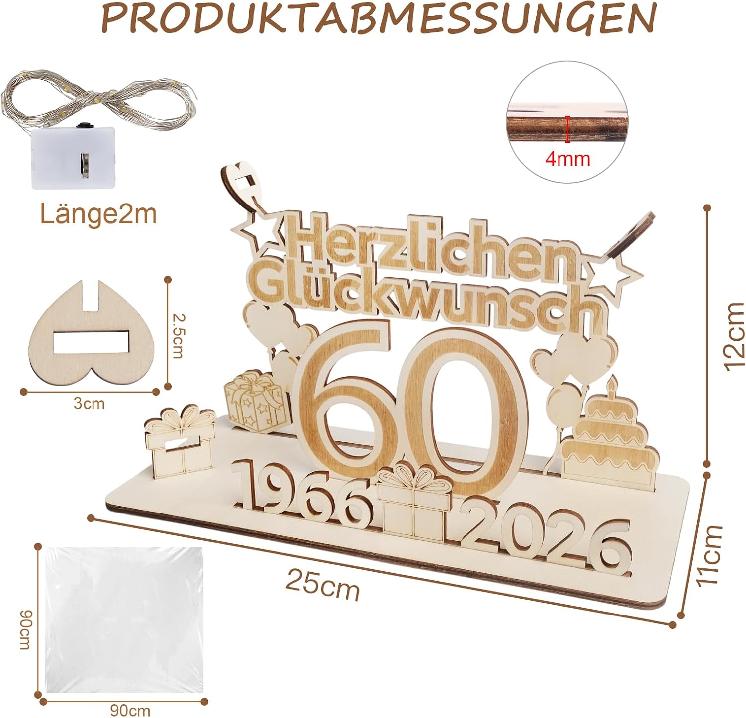 Detalle 2 de ARTREE 60 Geldgeschenke zum 60. Geburtstag und Diamantene Hochzeit – personalisiertes Holzschild mit LED-Lichterkette und Gästebuch