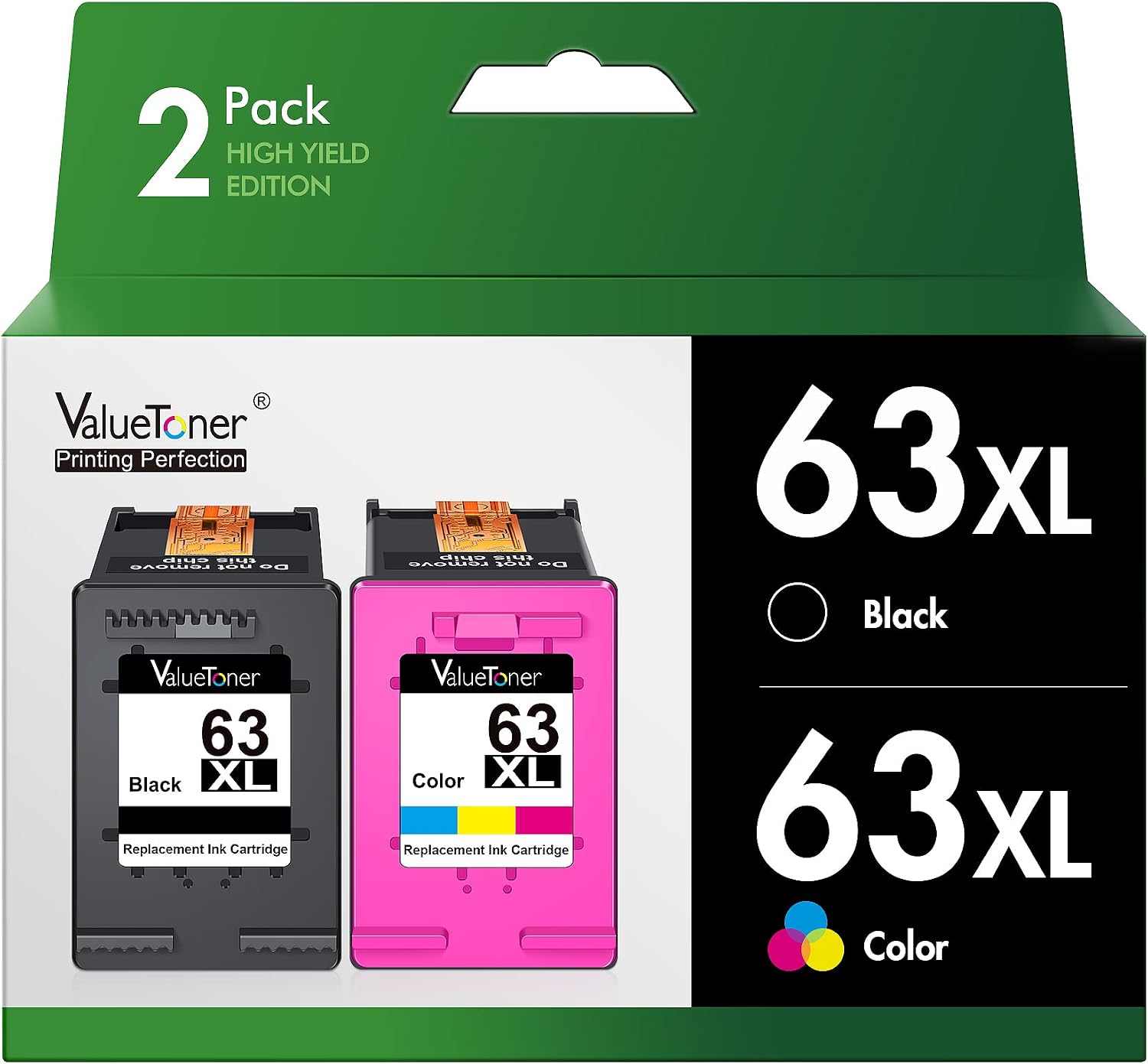 Detalle de Valuetoner 63XL Remanufactured Ink Cartridges, Black and Tri-Colour, 2-Pack