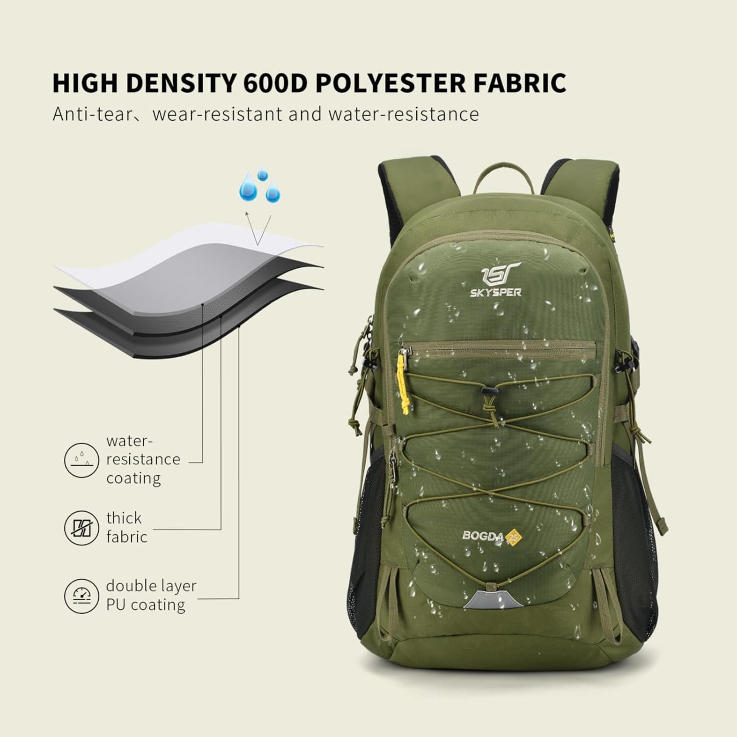 Detalle de SKYSPER 25L Hiking Backpack with Rain Cover: Durable Daypack for Outdoor Adventures