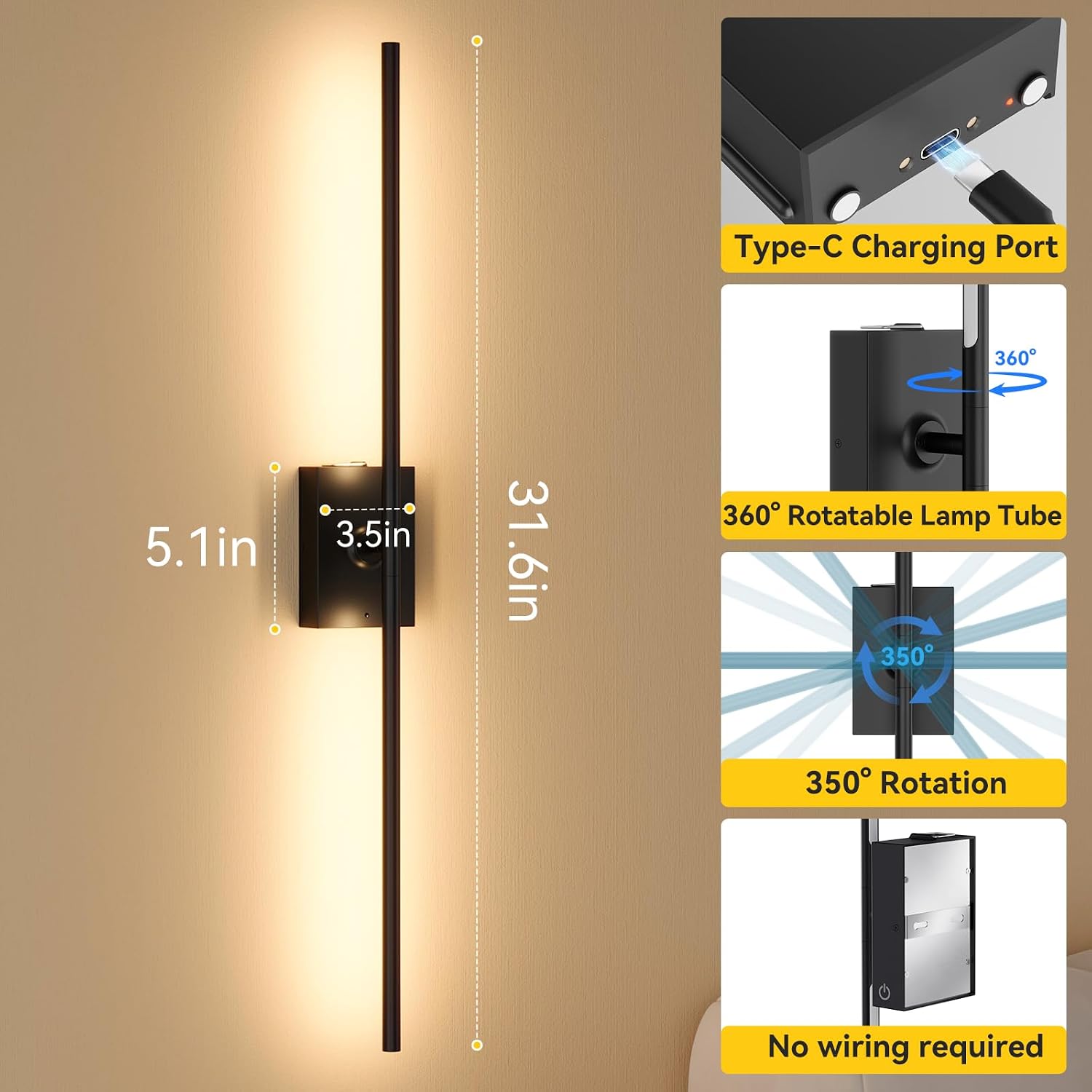 Detalle de Ouyulong WS-04 Battery-Powered Wall Sconces, Set of 2, Remote Dimming