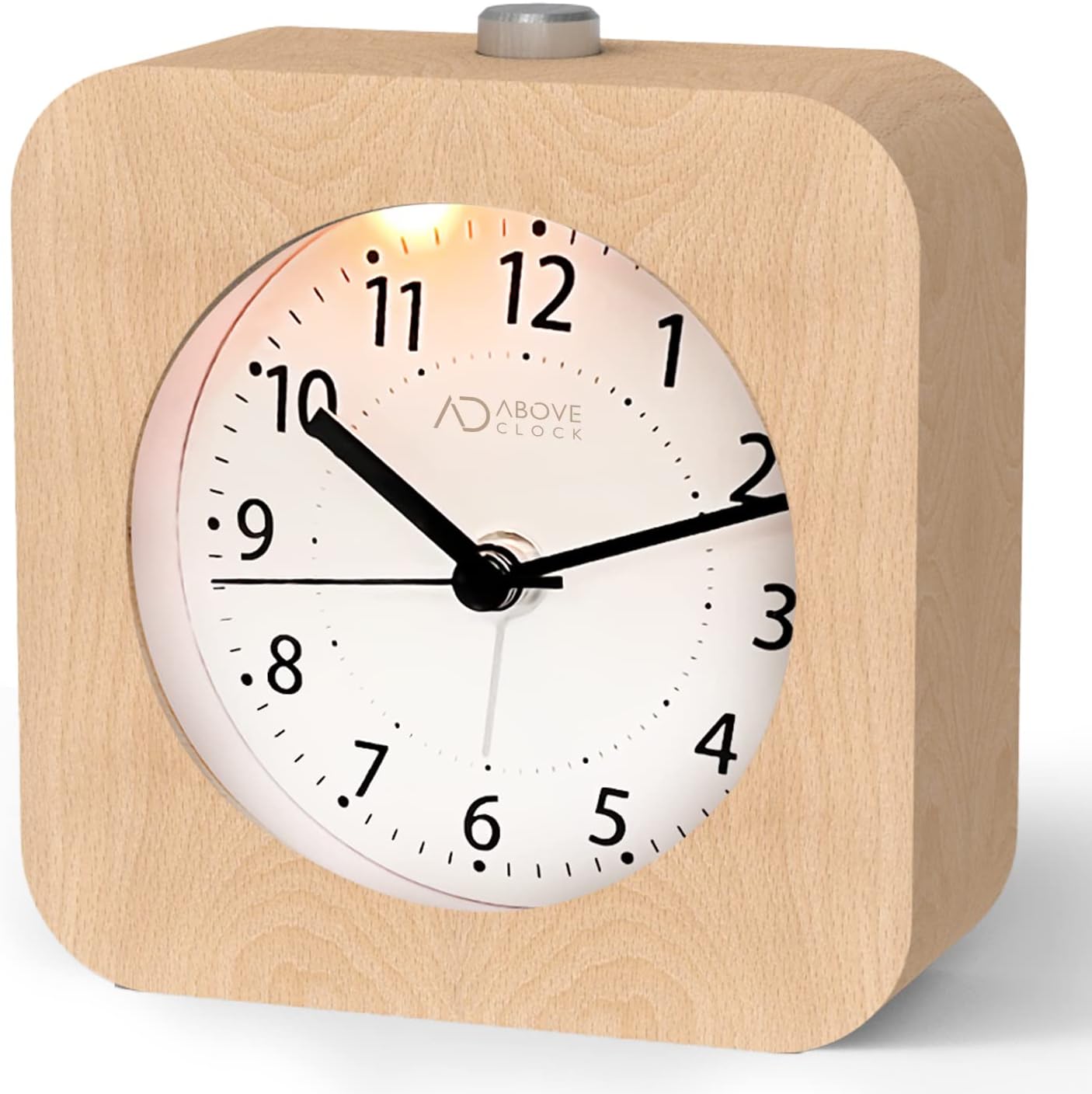 Detalle de aboveClock houten analoge wekker zonder tikgeluid, met snooze en nachtlampje