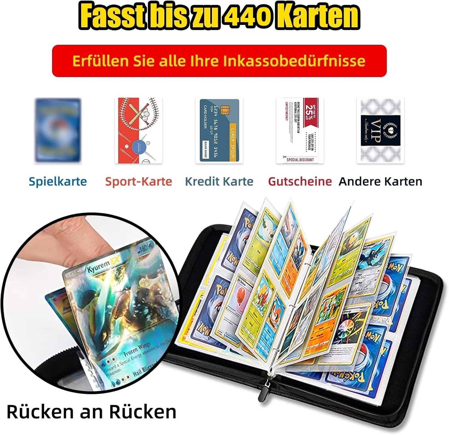 Thumbnail 4 de HazyZany Sammelkarten Album Kompatibel – 55 Seiten, 440 Karten Kapazität, Reißverschluss, wasserdichtes PU-Leder