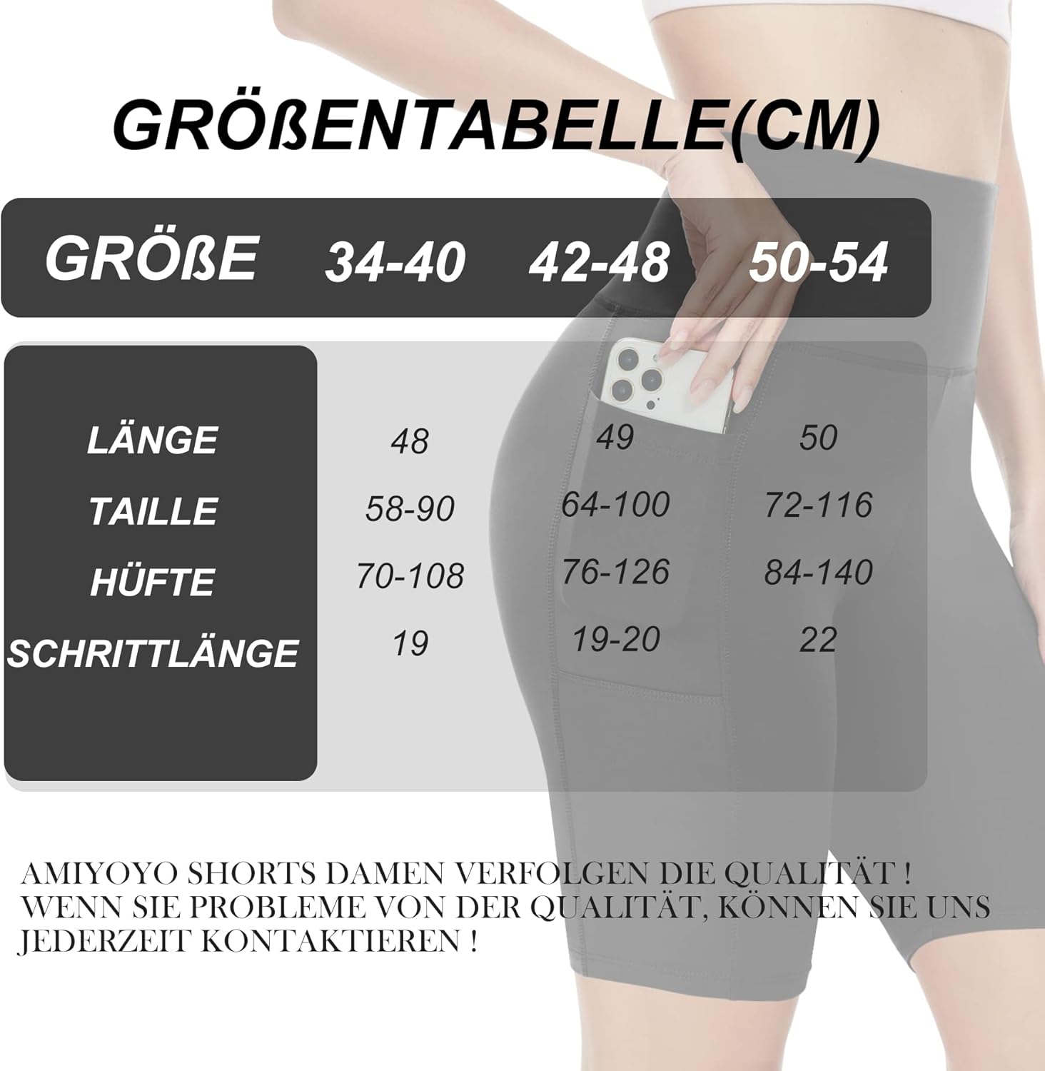 Detalle de AMIYOYO Damen Radlerhose mit Taschen – High-Waist Sportshort, blickdicht & dehnbar