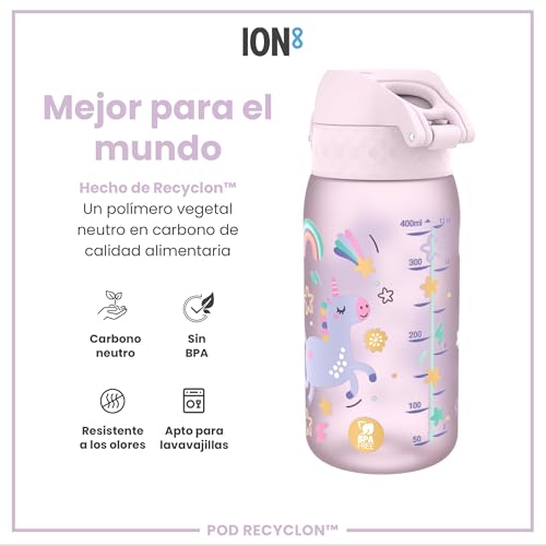 Detalle de ion8 Botella de Agua para Niños 350 ml: a prueba de fugas, fácil de abrir y con diseño unicornio