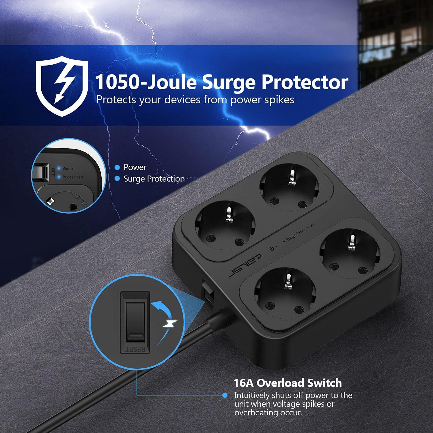 Detalle de JSVER 8-in-1 Steckdosenleiste mit 4 Fach, 3× USB-A + 1× USB-C, Schalter und Überspannungsschutz (1,8 m) – Schwarz