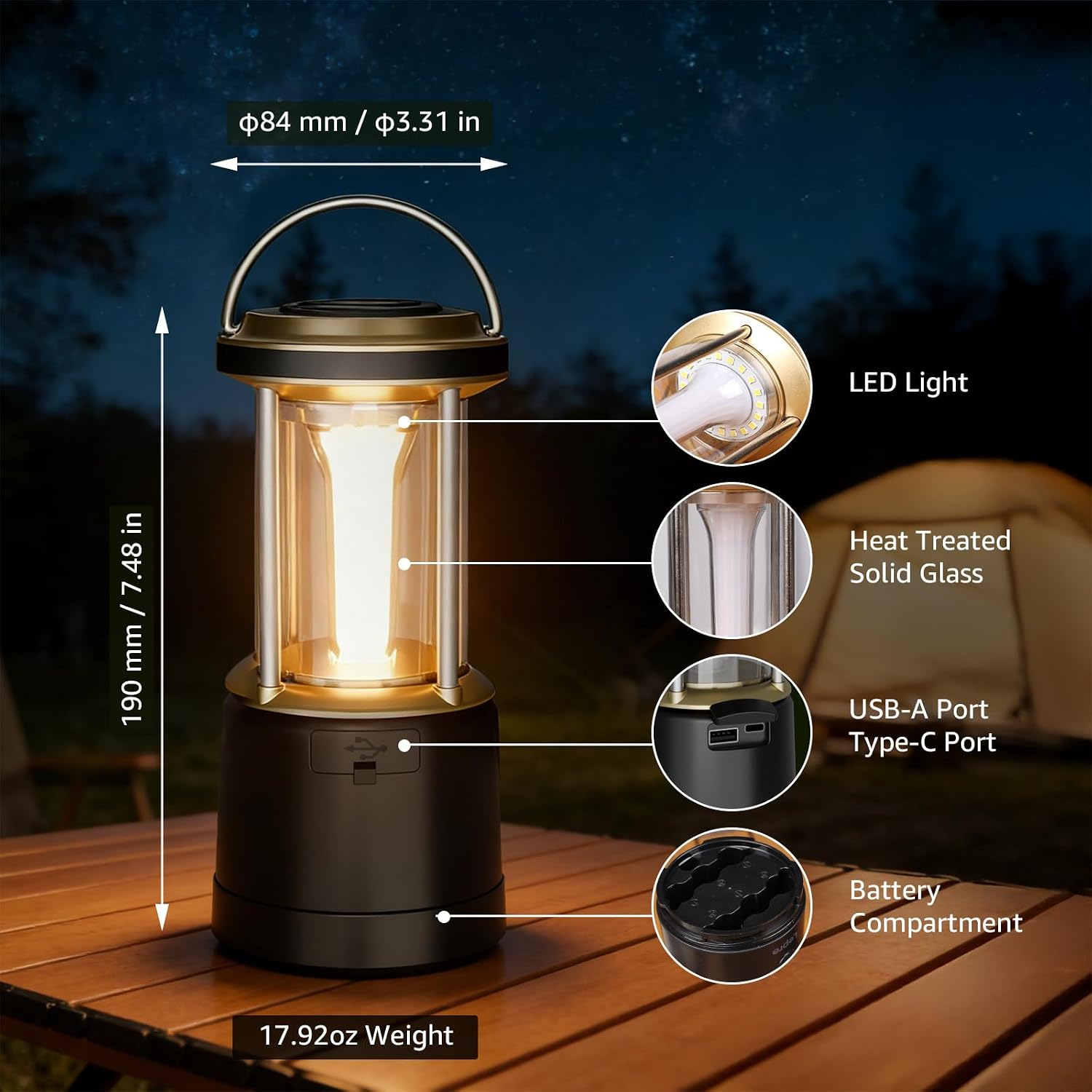 Thumbnail 6 de Lepro 330044-BK-US 2000LM Camping Lantern, Dual Power, Dimmable, IPX4