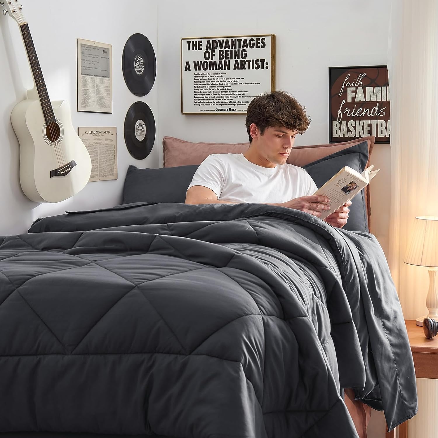 Detalle de HEVUMYI Twin Comforter Set - 5-Piece All Season Bed in a Bag (Twin, Dark Grey)