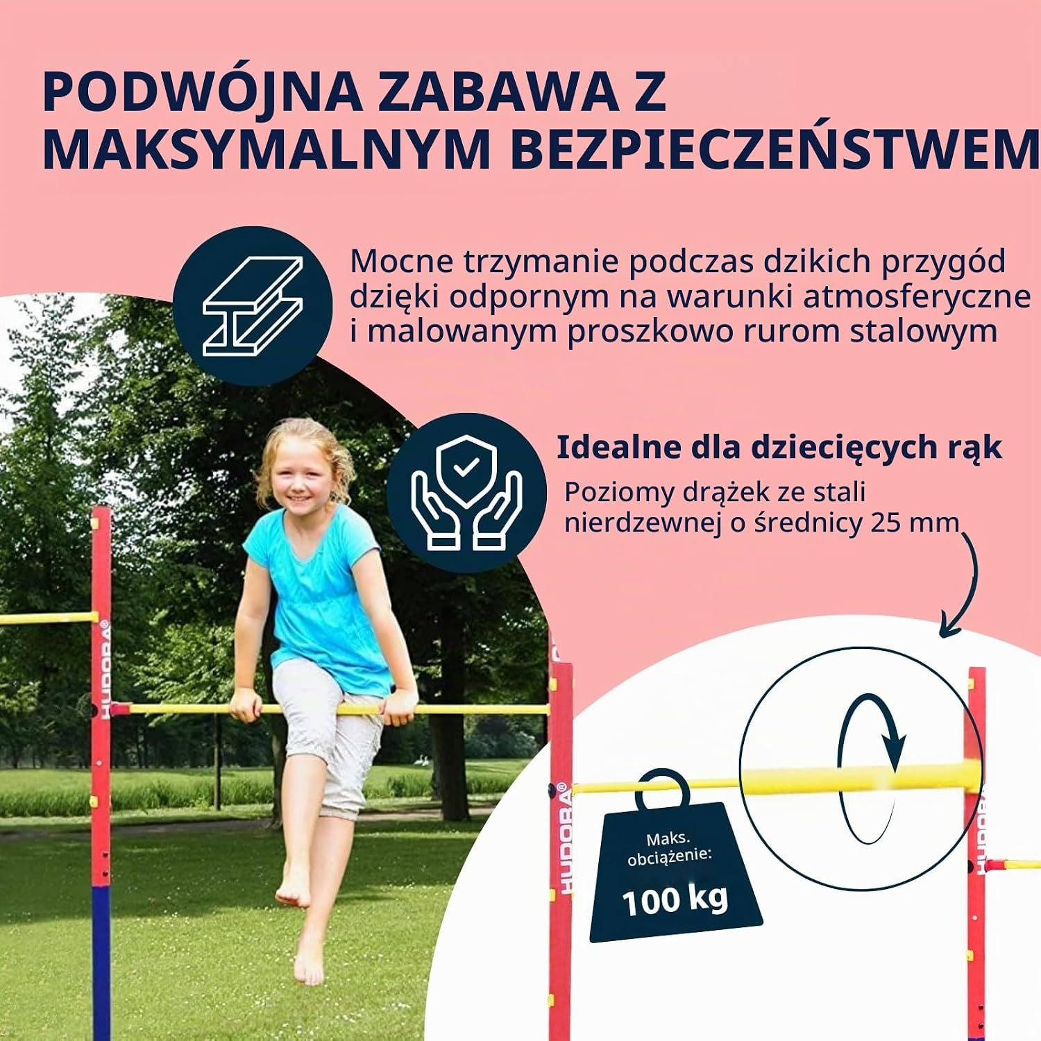 Detalle de HUDORA Fabian 64002 – podwójny drążek gimnastyczny do ogrodu, regulacja wysokości