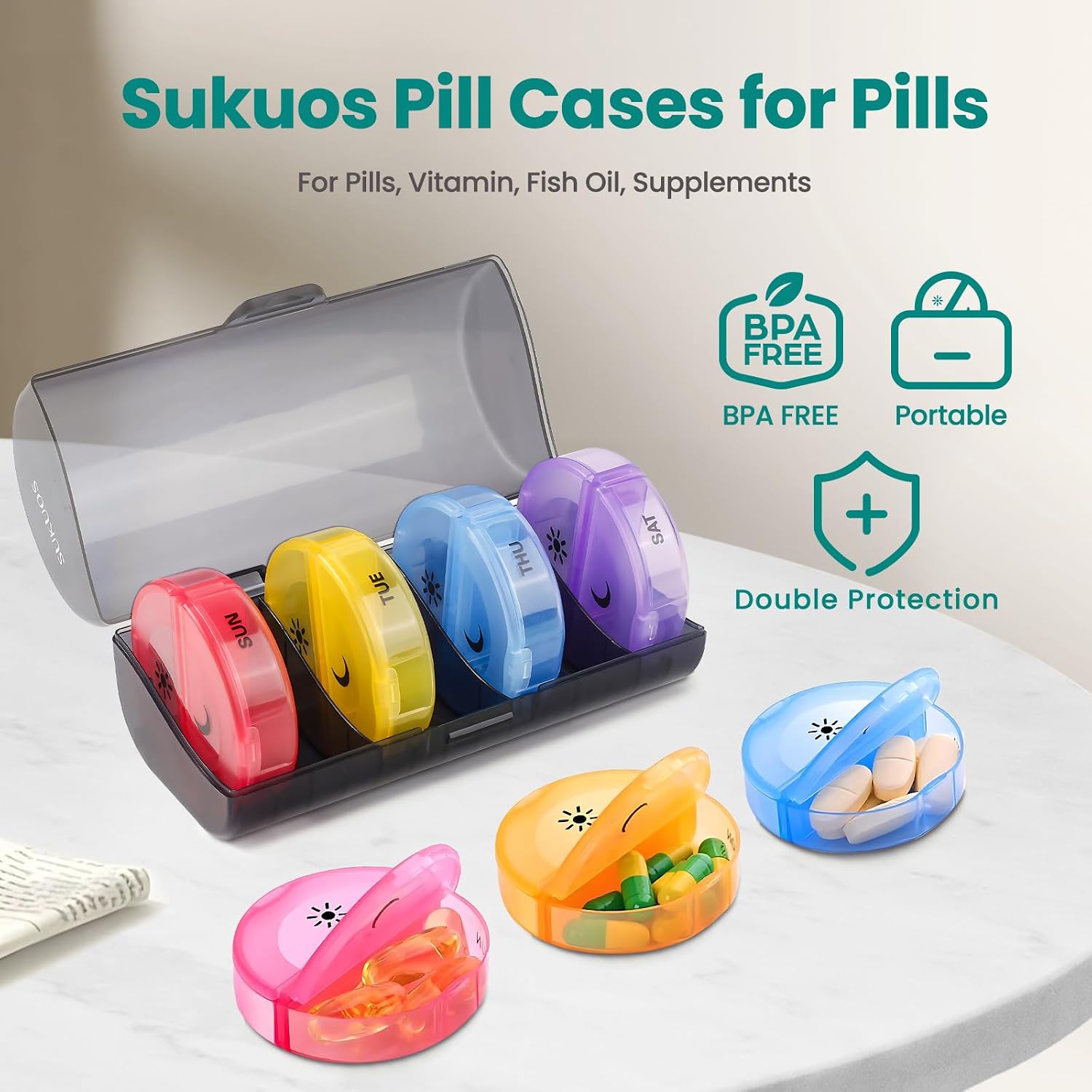 Detalle 2 de Sukuos Large Weekly Pill Organizer 2 Times a Day – AM/PM 7-Day Pill Box with Double Protection