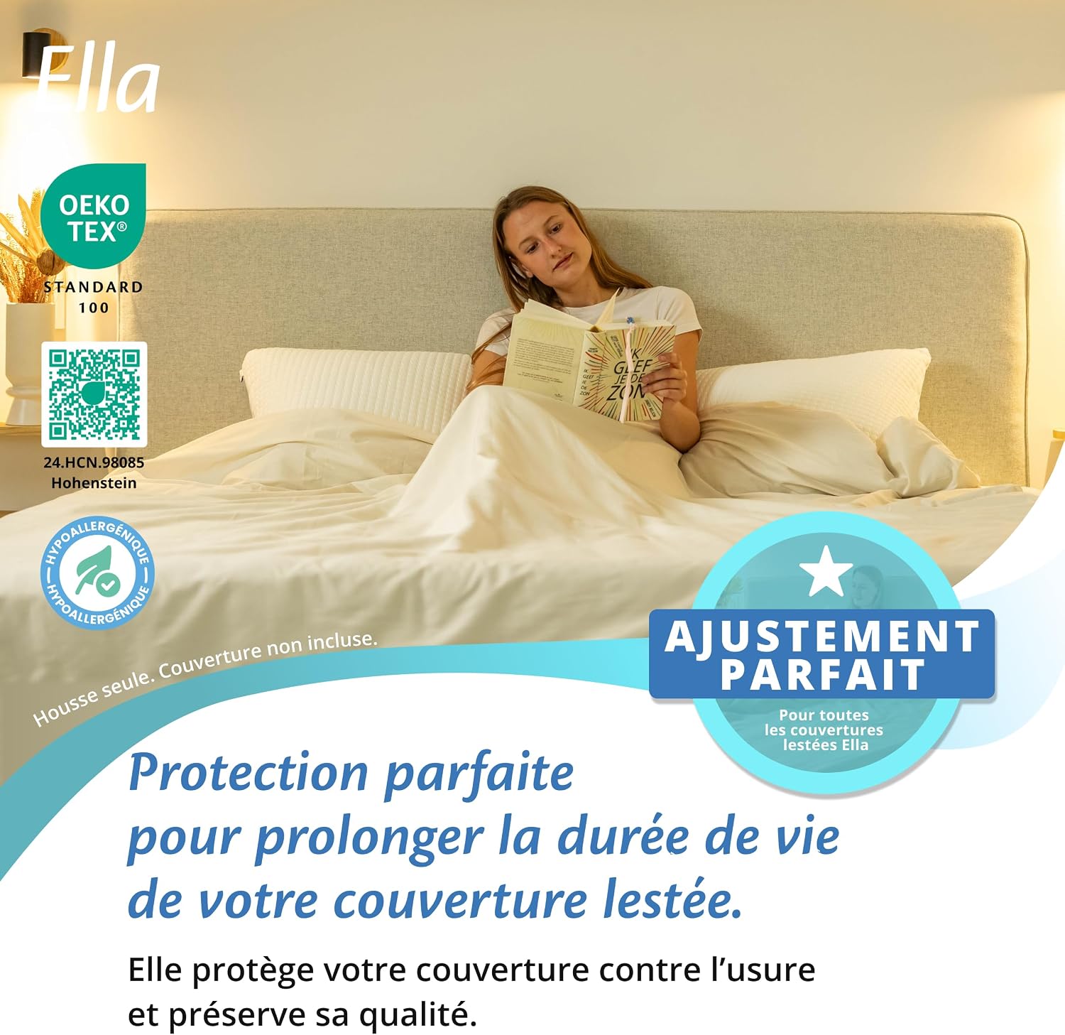 Detalle de Ella Housse de Couette 200x200 cm pour Couverture Lestée – 100% Coton – Pour 11 kg et 13 kg | Blanc Naturel