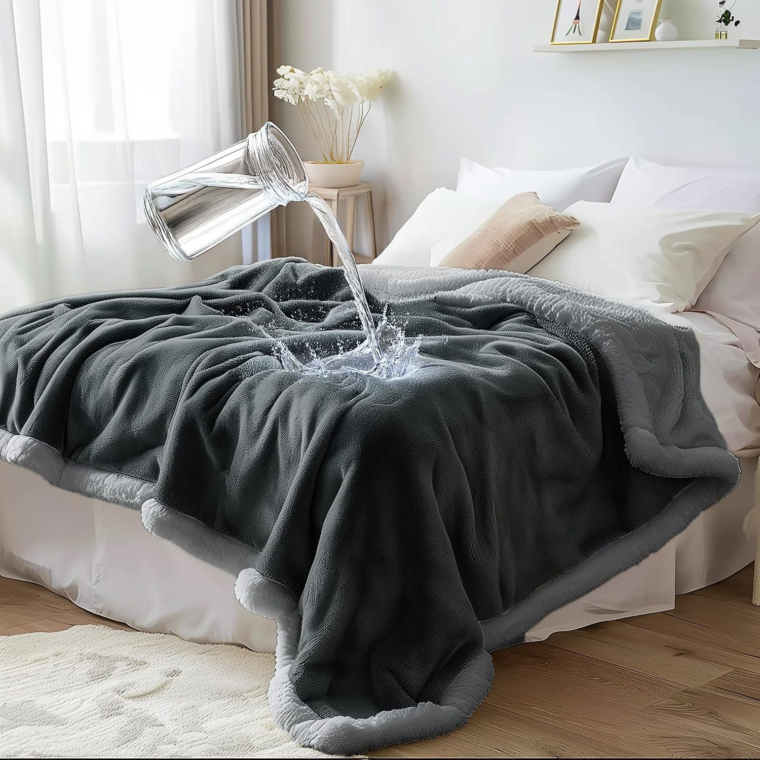 Couverture imperméable double face réversible en Sherpa pour très grand lit (gris anthracite / gris argenté)