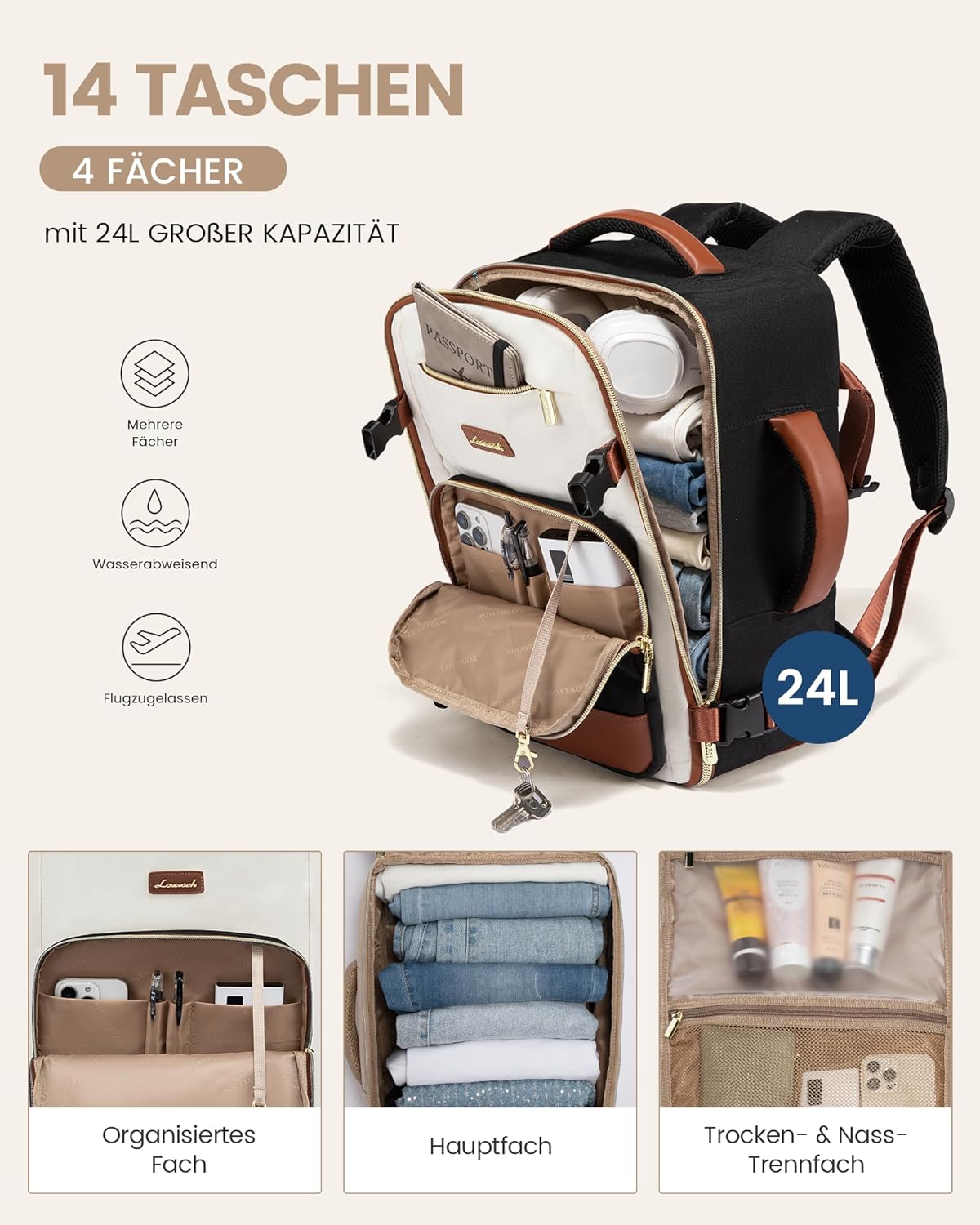Detalle de LOVEVOOK Ryanair Handgepäck 40x30x20 cm – 24 L Reiserucksack für Damen, Cabin Bag passend zu Ryanair, Wizz Air & Eurowings