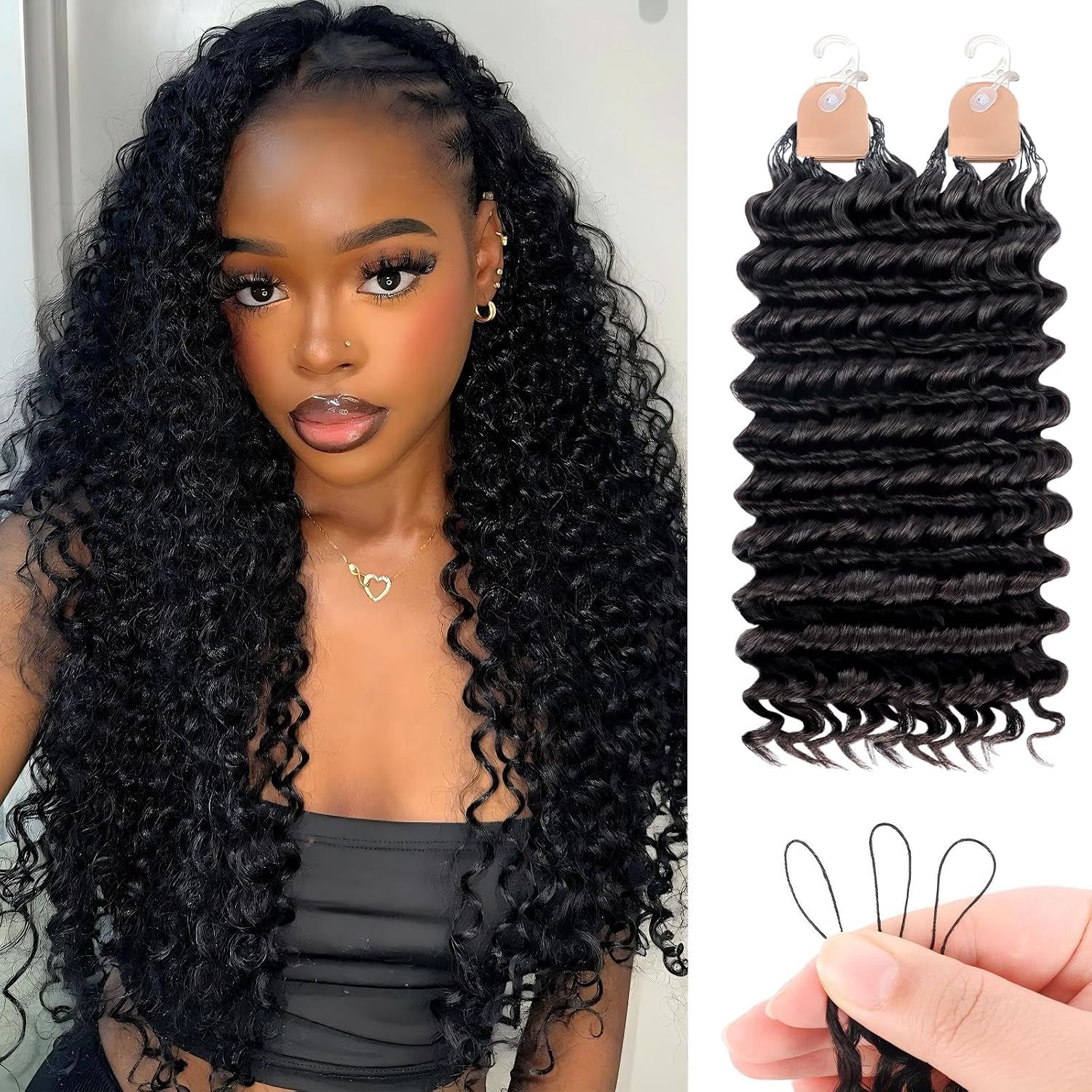 Detalle de Human Crochet Hair for Black Women: 14 Inch Feather Deep Wave Crochet Extensions, 60g, 50 Strands