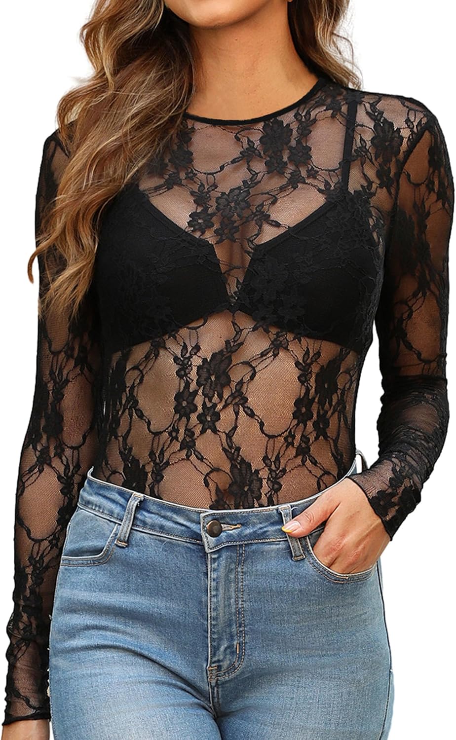 Detalle 2 de OFEEFAN Women's Floral Lace Mesh Top, Long Sleeve Sheer Crewneck