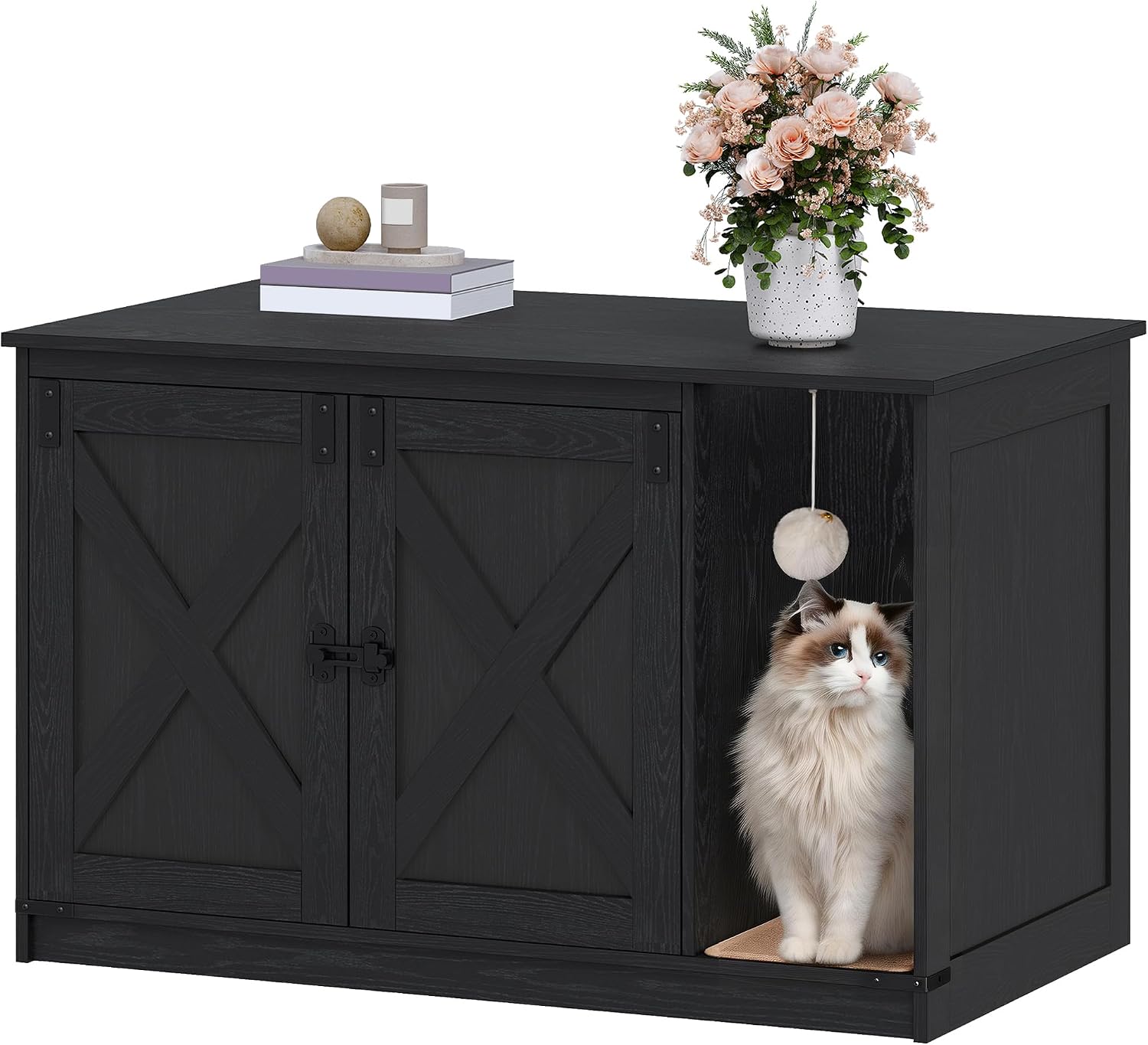 Detalle de Hzuaneri CB85204X Cat Litter Box Enclosure, Black Farmhouse Cabinet