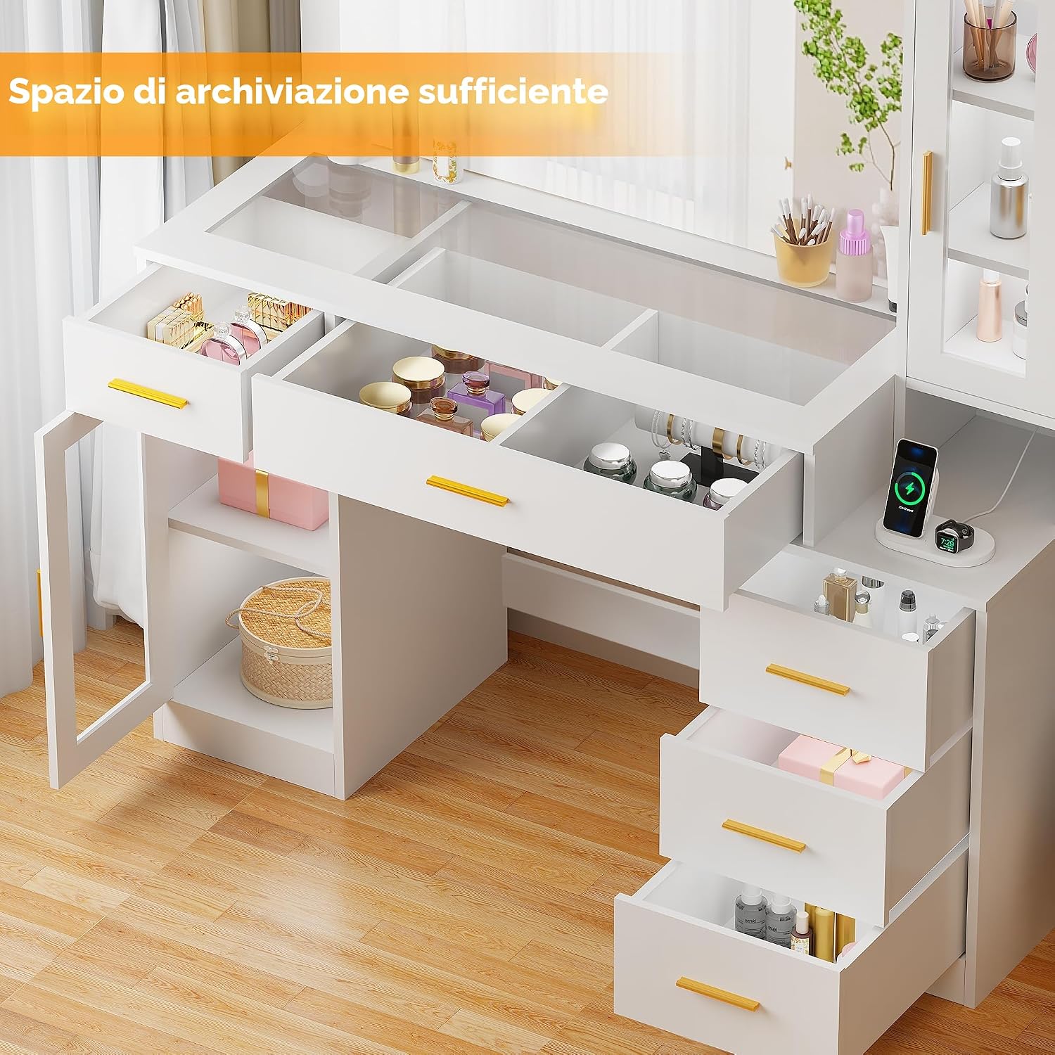 Thumbnail 4 de BEWISHOME Grande Toeletta da Trucco con Specchio Illuminato e USB: eleganza, spazio e comodità per la tua routine