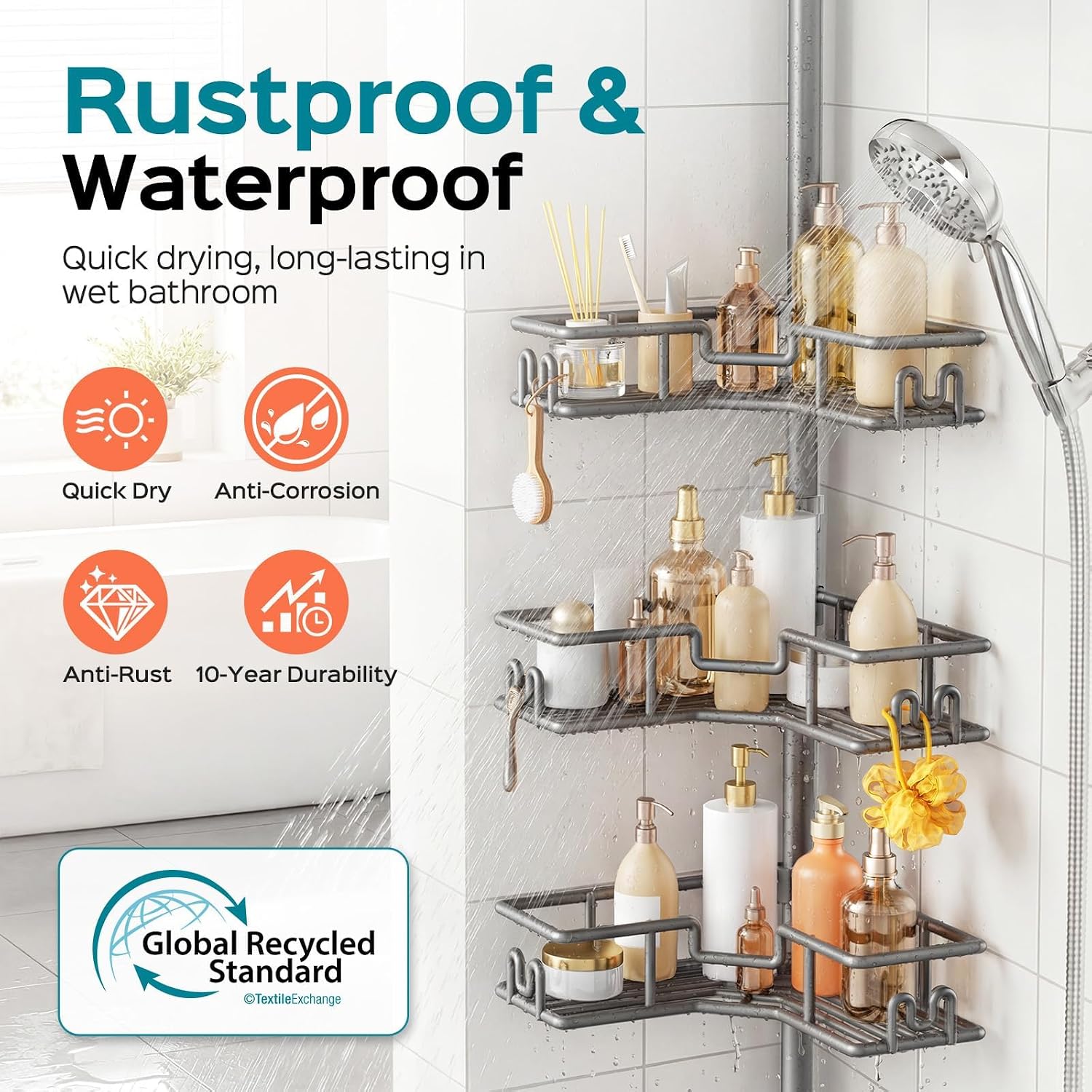 Detalle 2 de HAMITOR Shower Caddy Tension Pole Gray, 4-Tier Adjustable Storage