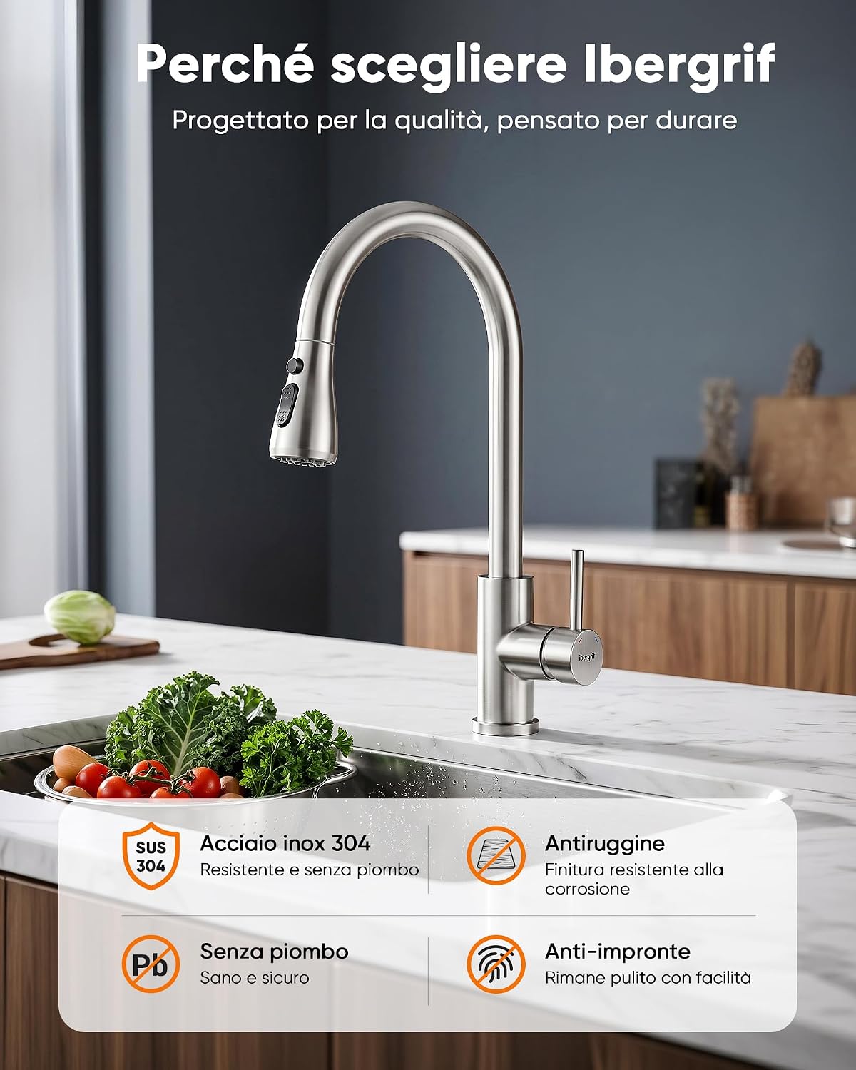 Detalle de Ibergrif M22137 Rubinetto Lavello Cucina con Doccia Estraibile, acciaio inox spazzolato
