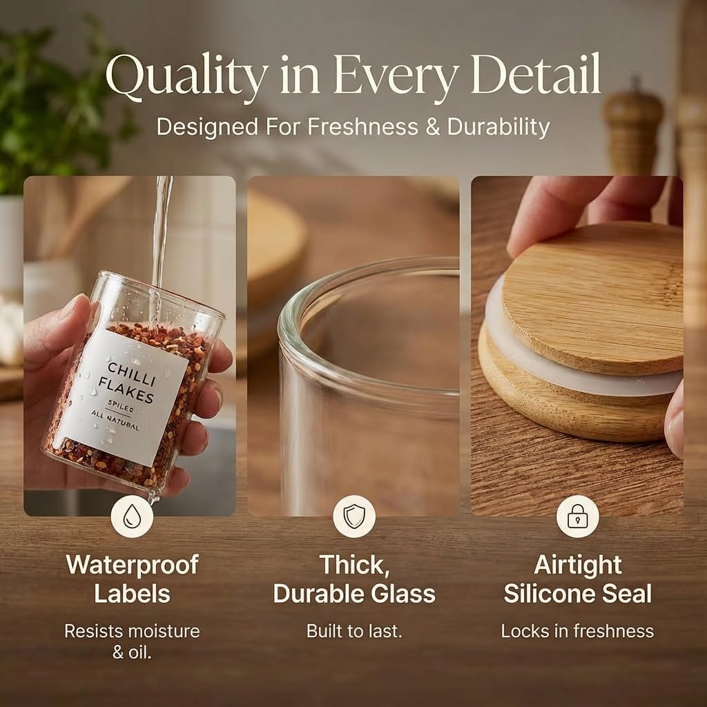Thumbnail 6 de Livabl Glass Spice Jars with Lids and Labels – 12x 200ml Airtight Jars with Bamboo Lids and 360 Pre-Printed UK Labels