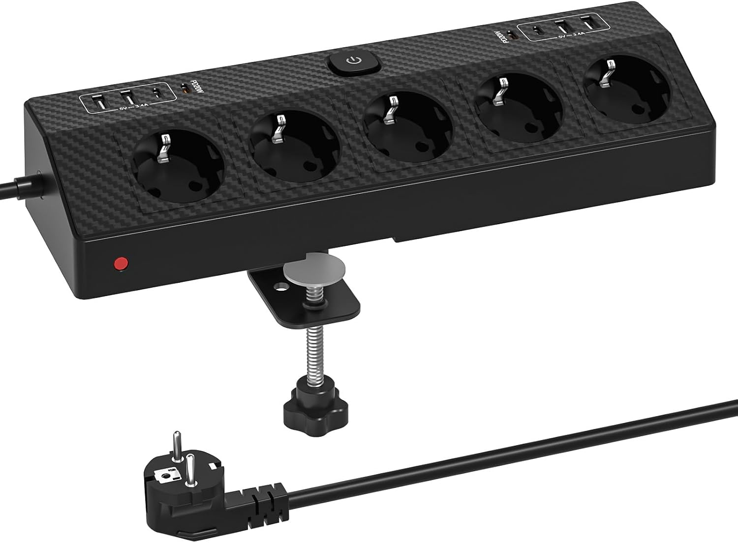 Detalle de PASSUS Tischsteckdose Steckdosenleiste mit Überspannungsschutz (4000 W / 16 A), 4 USB‑C & USB‑A, 2 m Kabel, schwarz